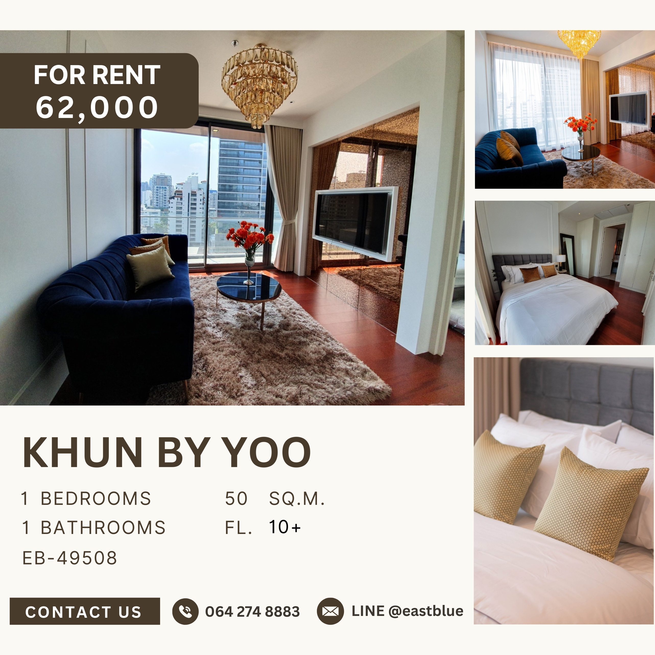 ให้เช่าคอนโดสุขุมวิท อโศก ทองหล่อ : Khun by Yoo, 1 bed, 62000 per month