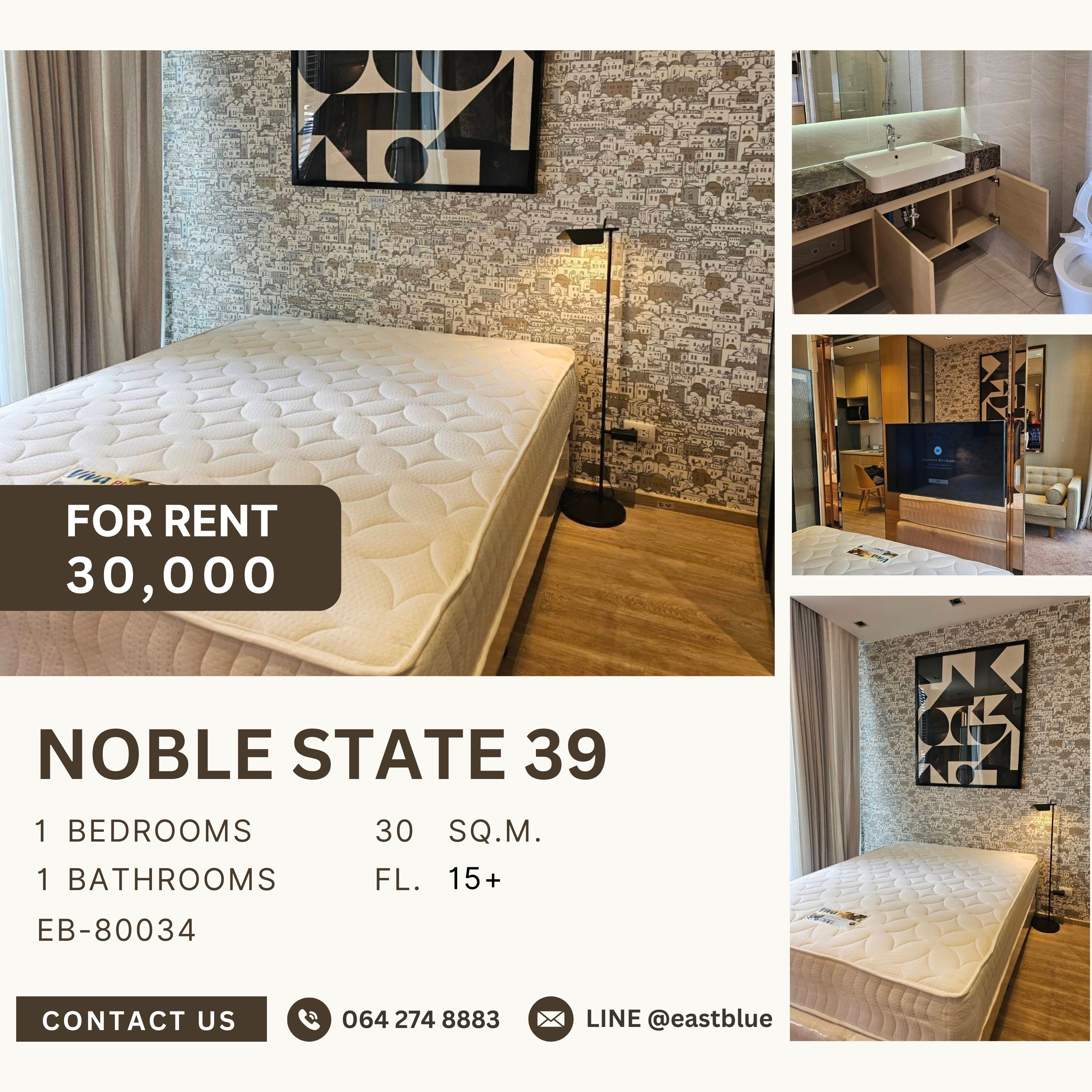 ให้เช่าคอนโดสุขุมวิท อโศก ทองหล่อ : NOBLE STATE 39, 1 bed, 30000 per month