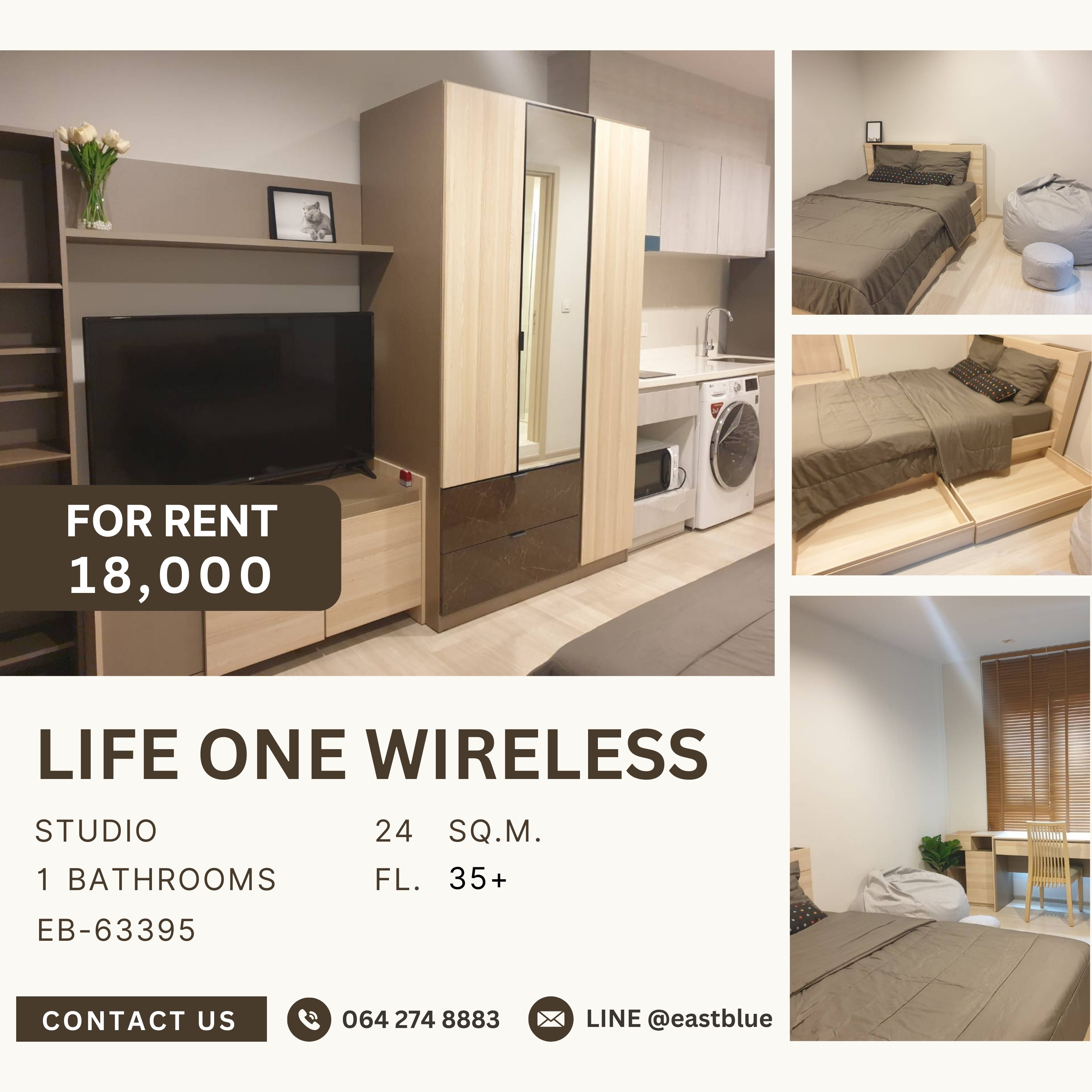 ให้เช่าคอนโดวิทยุ ชิดลม หลังสวน : Life One Wireless, Studio bed, 18000 per month