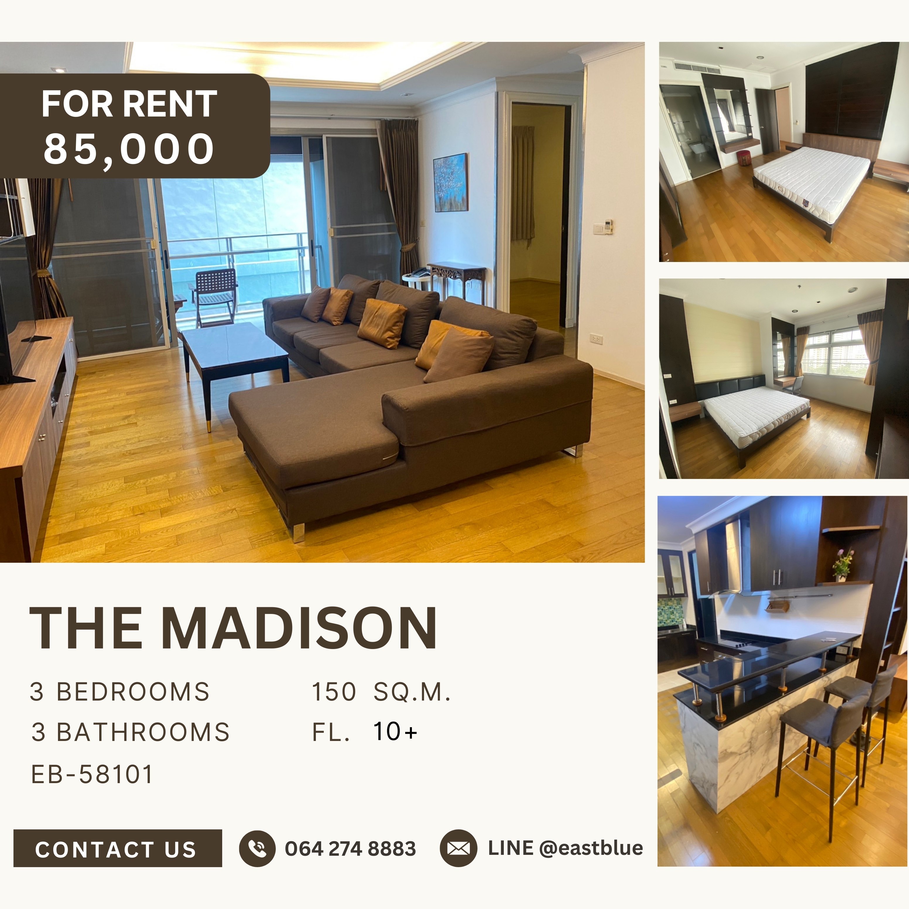 ให้เช่าคอนโดสุขุมวิท อโศก ทองหล่อ : The Madison Condominium Sukhumvit 41, 3 bed, 85000 per month