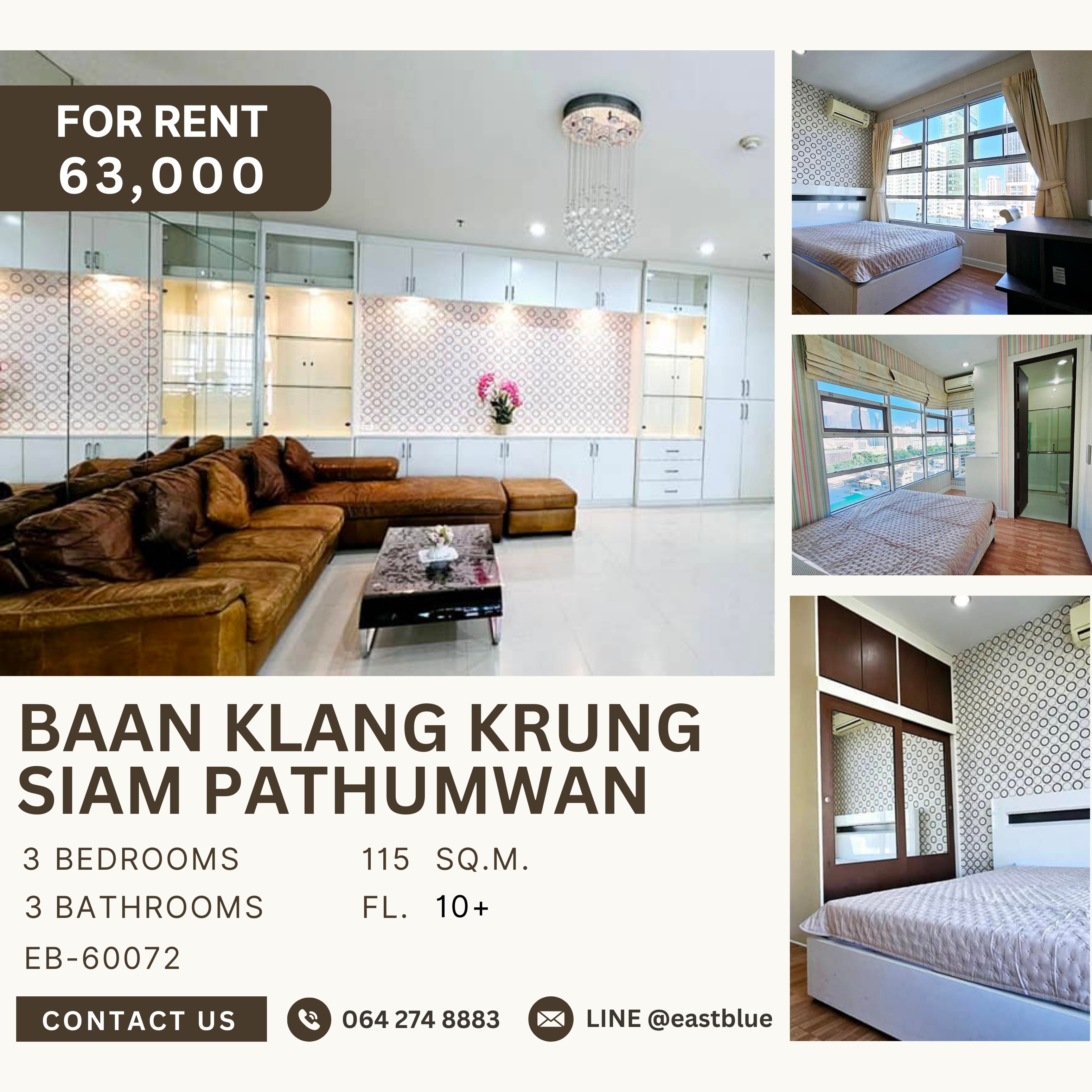 For RentCondoRatchathewi,Phayathai : Baan Klang Krung Siam Pathumwan, 3 bed, 63000 per month