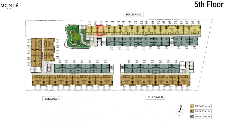 Sale DownCondoPathum Thani,Rangsit, Thammasat : Selling a booking slip for the Monte Rangsit project, room code MSC503, Building C, 5th floor, Studio Suited type, area 22 sq m.