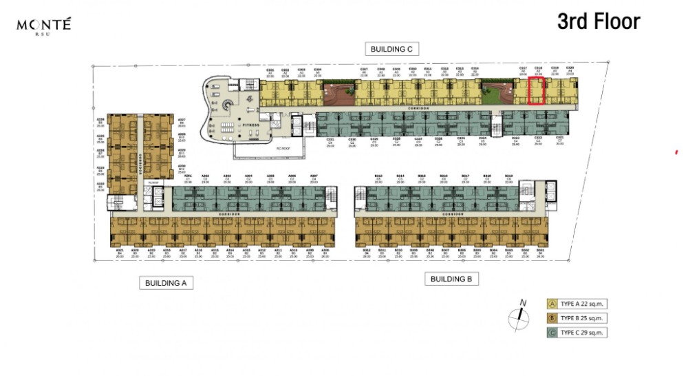 Sale DownCondoPathum Thani,Rangsit, Thammasat : Selling a booking slip for the Monte Rangsit project, room code MSC318, Building C, 3rd floor, Studio Suited type, area 22 sq m.