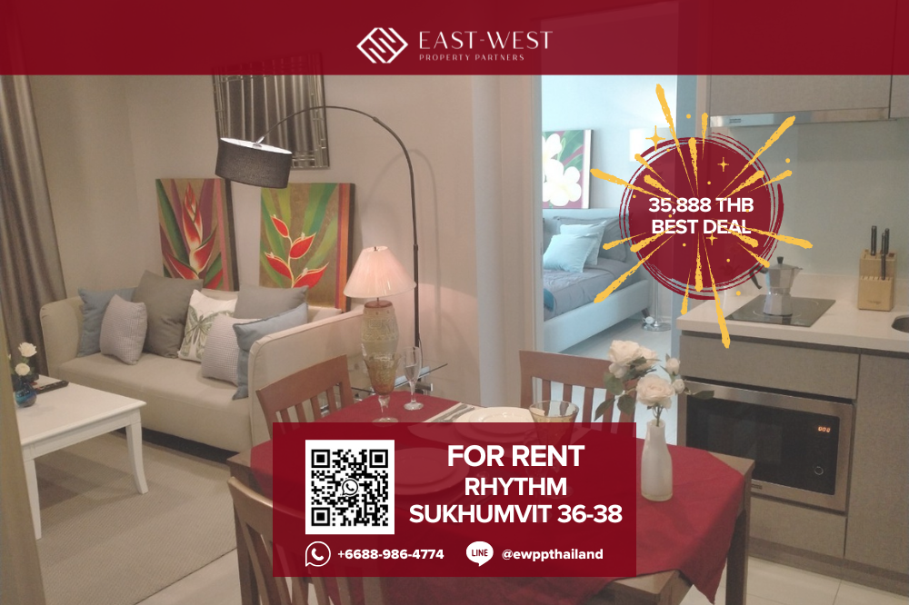 For RentCondoSukhumvit, Asoke, Thonglor : ✨🔥 Rhythm Sukhumvit 36-38 🔥✨ Stylish 2 Bedroom Condo 🛏 2 Bed, 🛁 2 Bath, 56 sq.m, Price Negotiable! - Prime Sukhumvit Location with Shuttle to BTS Thonglor