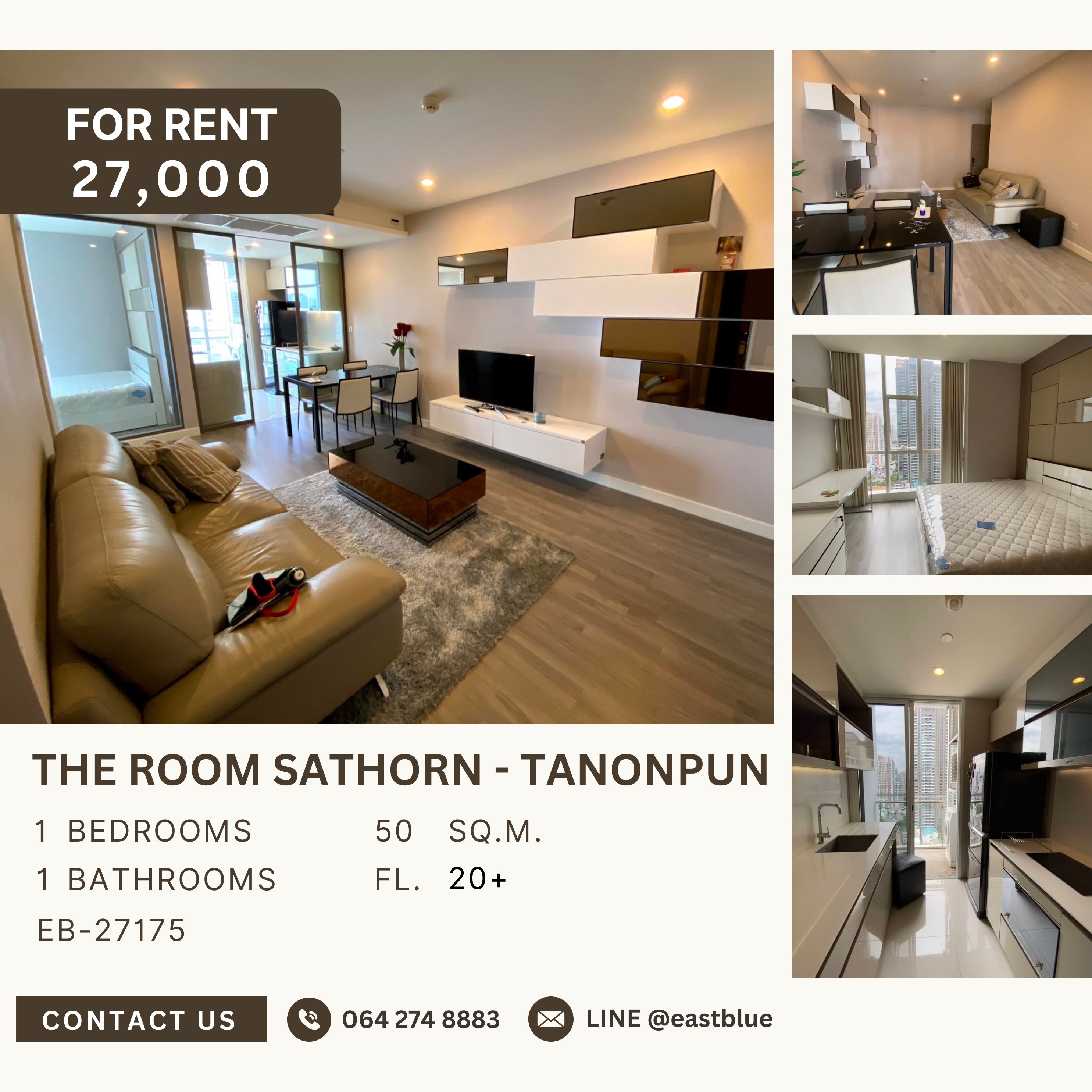 For RentCondoSathorn, Narathiwat : The Room Sathorn - TanonPun, 1 bed, 27000 per month