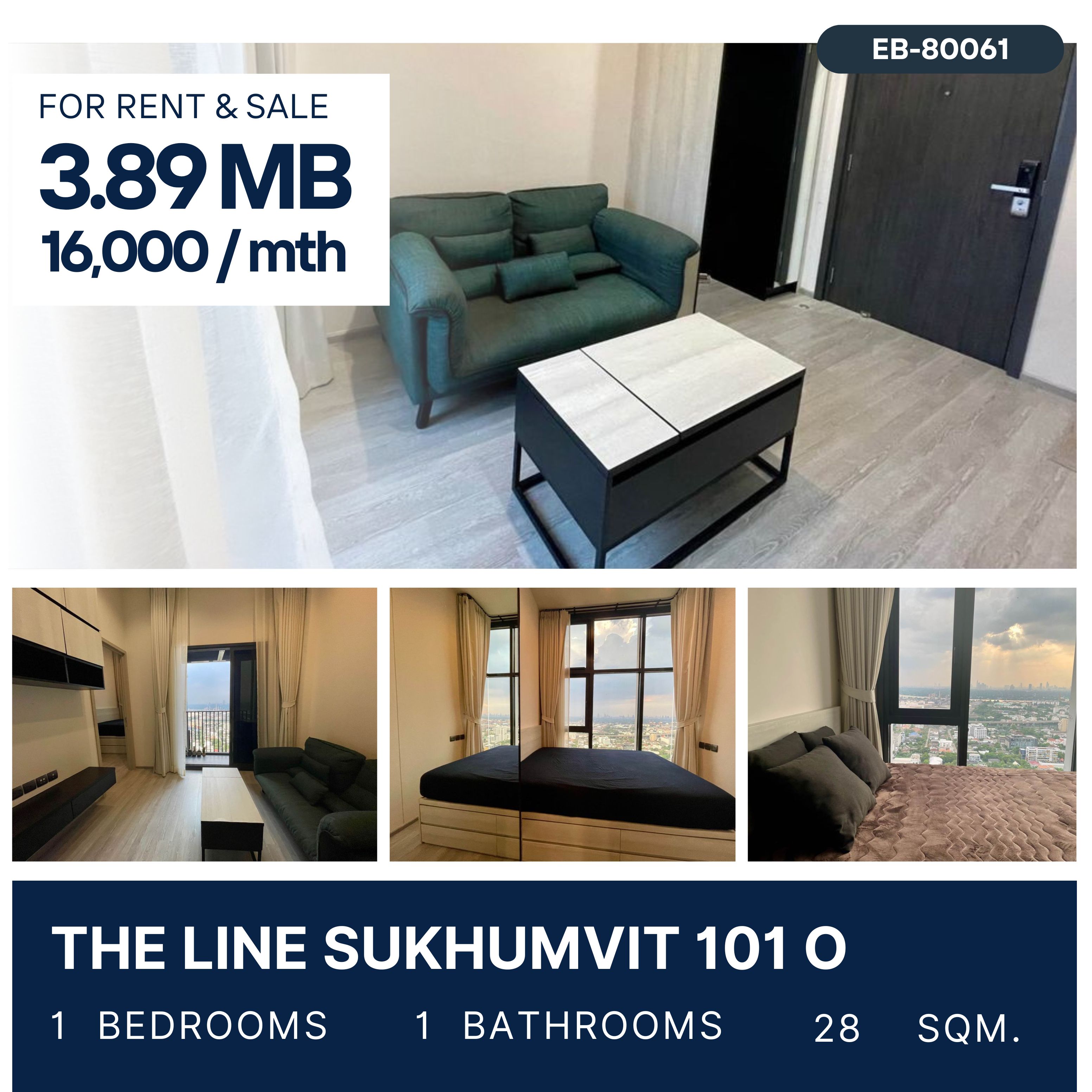 ให้เช่าคอนโดอ่อนนุช อุดมสุข : The Line Sukhumvit 101, 1 bed, 16000 per month