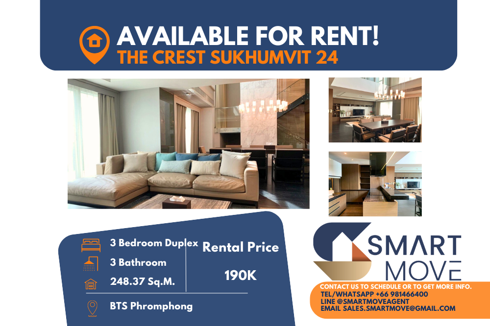 For RentCondoSukhumvit, Asoke, Thonglor : 🔥FOR RENT !! Rare Item... 🔥Code C20241000038..........The Crest Sukhumvit 24, 3 bedrooms, 3 bathrooms Duplex, furnished, ready to move in 📢📢