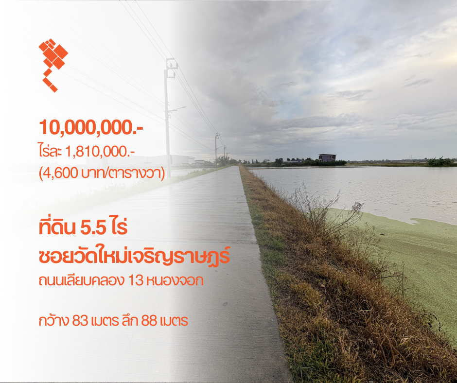 ขายที่ดินมีนบุรี-ร่มเกล้า : [22 ตุลาคม 2567] ที่ดิน 5.5 ไร่, ซอยวัดใหม่เจริญราษฎร์, เลียบคลอง 13 หนองจอก ,กว้าง 83 เมตร ลึก 88 เมตร, 10,000,000.- ไร่ละ 1,810,000.- (4,600 บาท/ตารางวา)