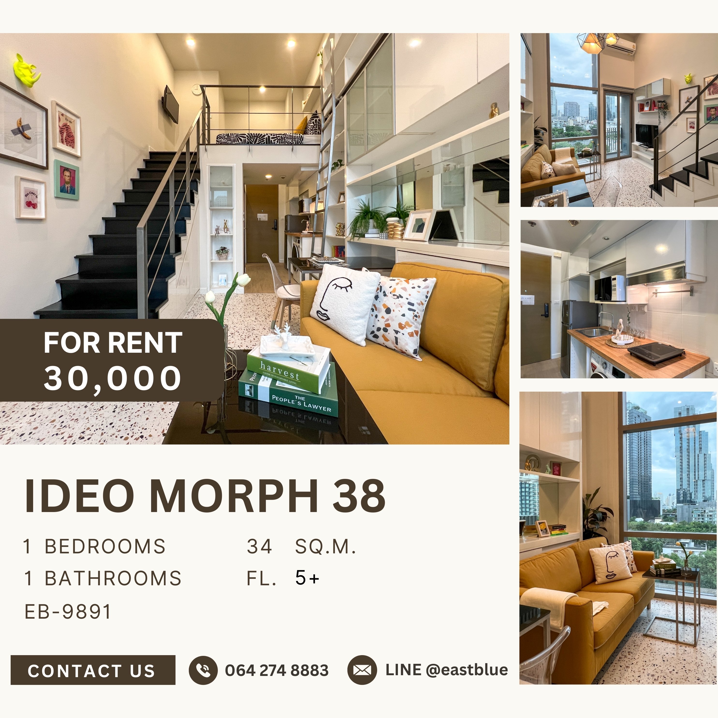 ให้เช่าคอนโดสุขุมวิท อโศก ทองหล่อ : Ideo Morph 38, 1 bed, 30000 per month