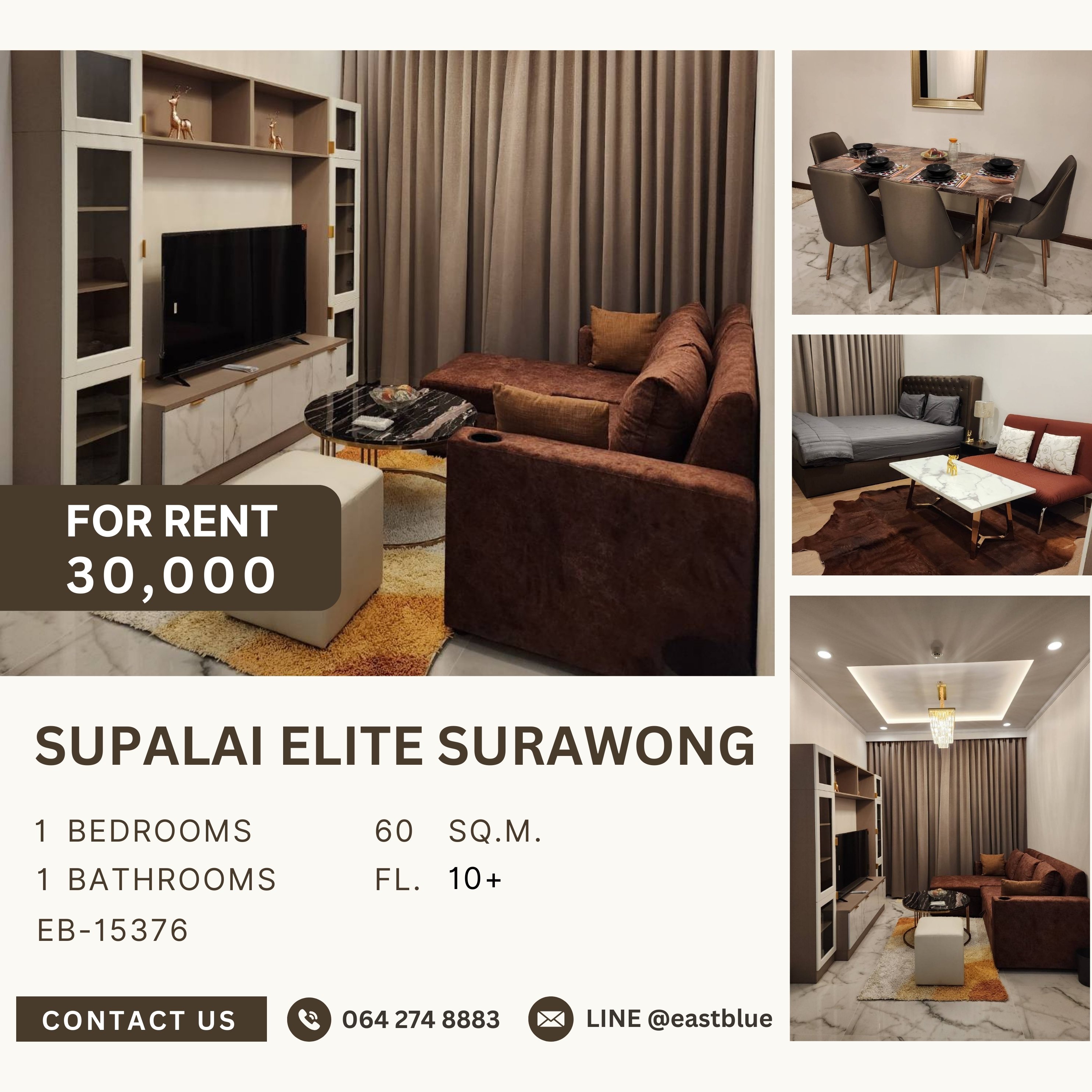 For RentCondoSilom, Saladaeng, Bangrak : Supalai Elite Surawong, 1 bed, 30000 per month