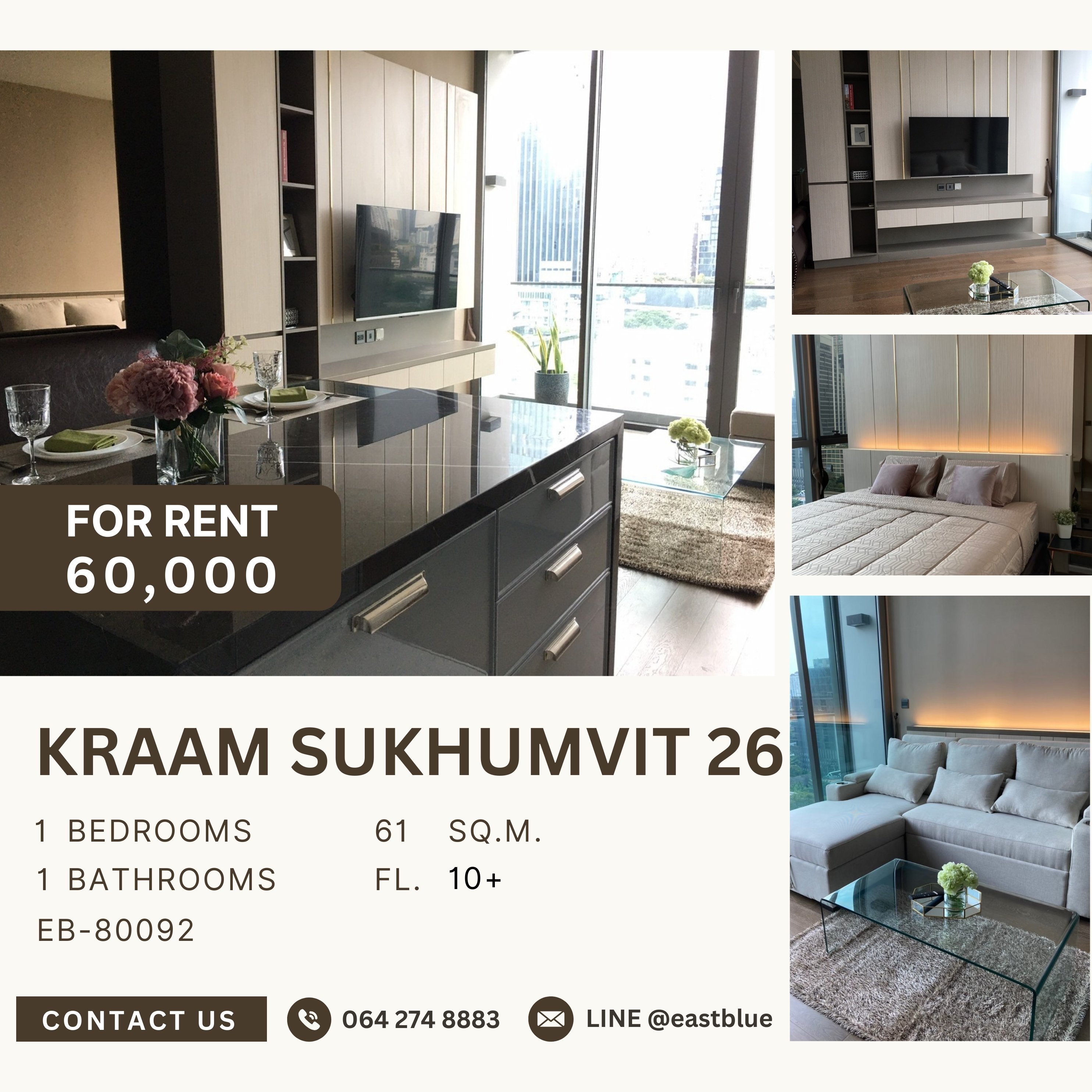 For RentCondoSukhumvit, Asoke, Thonglor : KRAAM Sukhumvit 26, 1 bed, 60000 per month