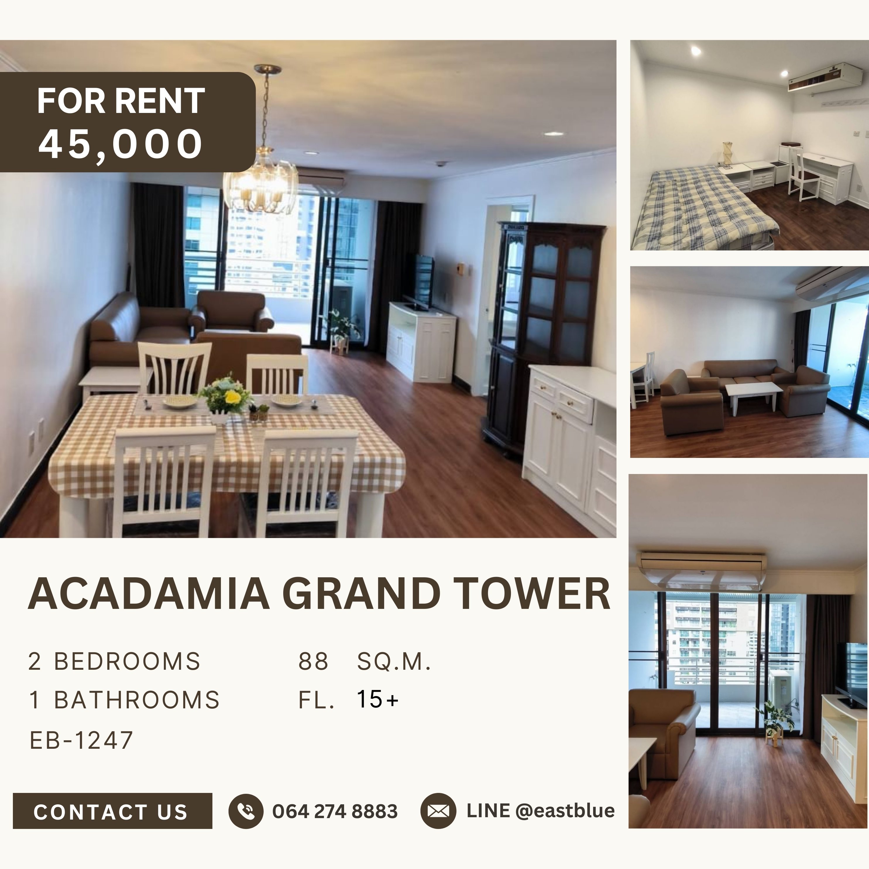 ให้เช่าคอนโดสุขุมวิท อโศก ทองหล่อ : Acadamia Grand Tower, 2 bed, 45000 per month