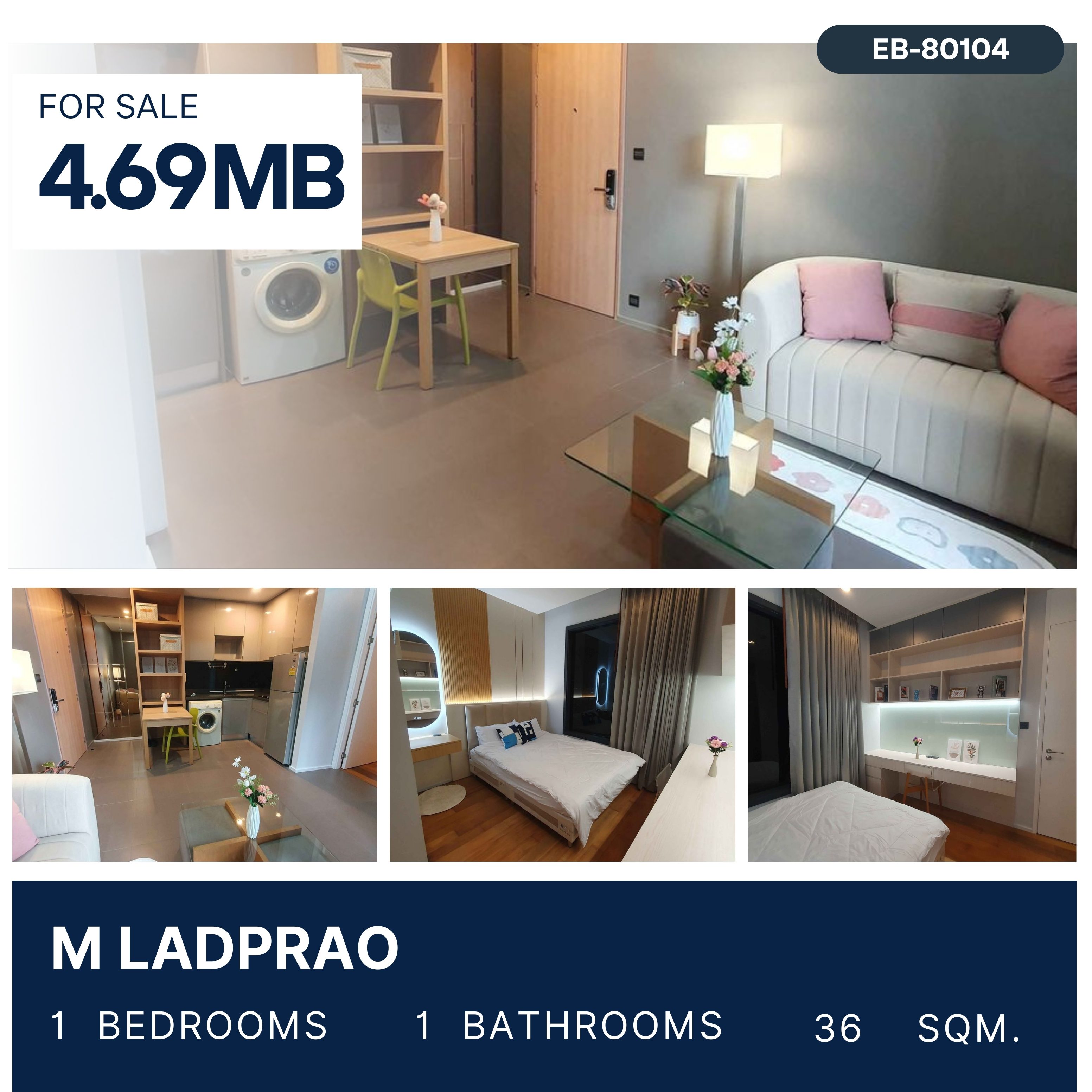 ขายคอนโดลาดพร้าว เซ็นทรัลลาดพร้าว : M Ladproa 1 ห้องนอน ชั้นสูง ห้องแต่งสวย เลี้ยงสัตว์ได้ พร้อมเข้าอยู่ 4.69 MB.