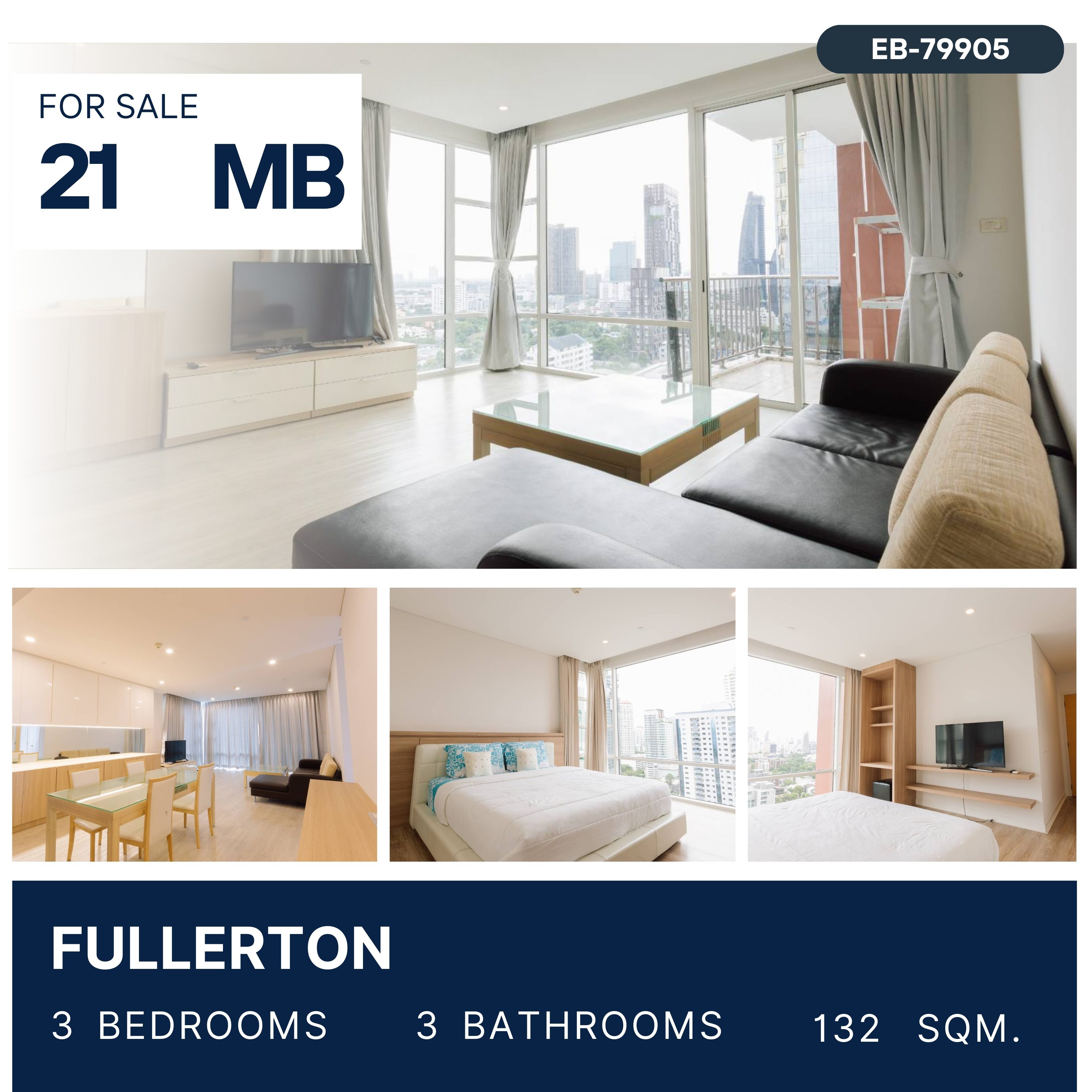 For SaleCondoSukhumvit, Asoke, Thonglor : Fullerton Pet Friendly, ready to move in, near BTS Ekkamai, 3 bedrooms, large room, high floor, pets allowed, 21 MB.