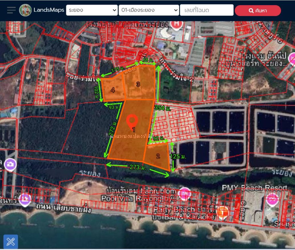 For SaleLandRayong : Land for sale in Rayong Province, only 1 km from Saeng Chan Beach, area 47 - 0 - 63.3 rai, width 175 meters, depth 497 meters, near Central Rayong.