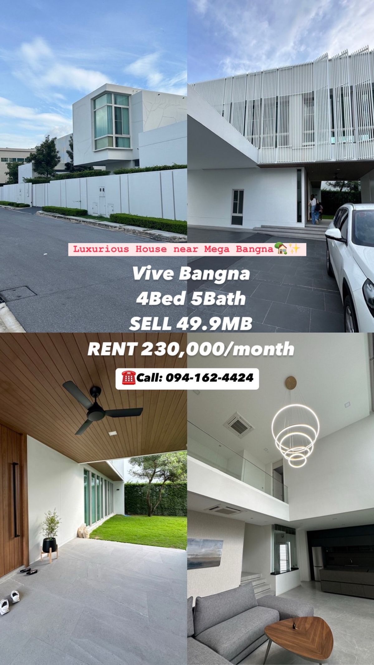 ให้เช่าบ้านบางนา แบริ่ง ลาซาล : VIVE BANGNA, 4Bed 5Bath, Big size, corner plot, SELL 49.9MB or RENT 230,000/month ☎️Call: 094-162-4424