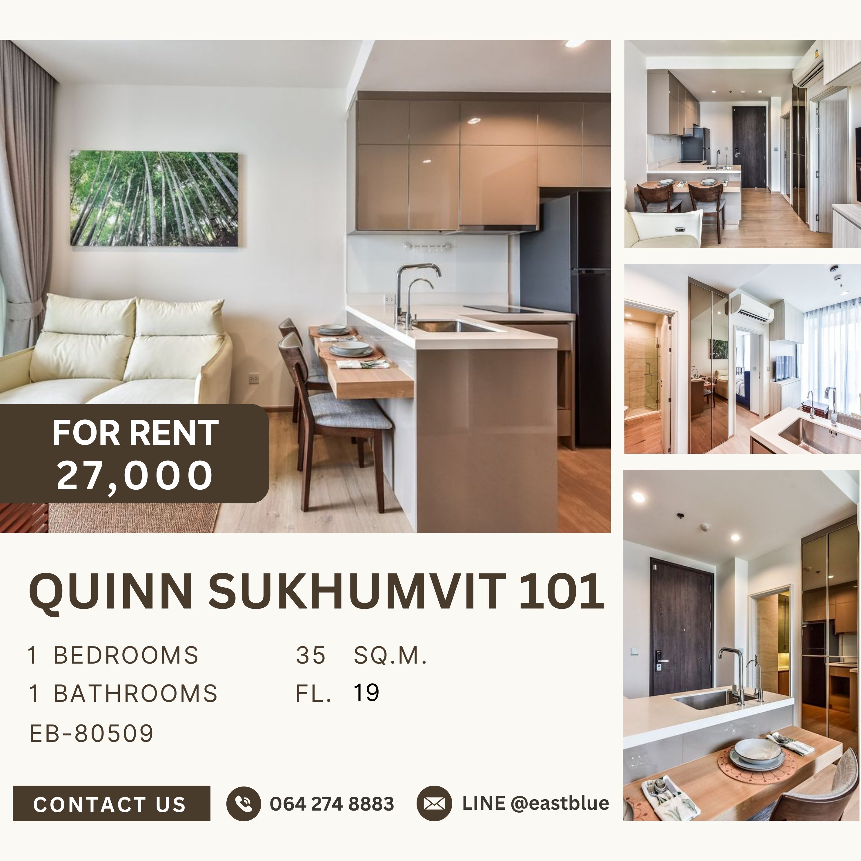 ให้เช่าคอนโดอ่อนนุช อุดมสุข : QUINN Sukhumvit 101, 1 bed, 27000 per month