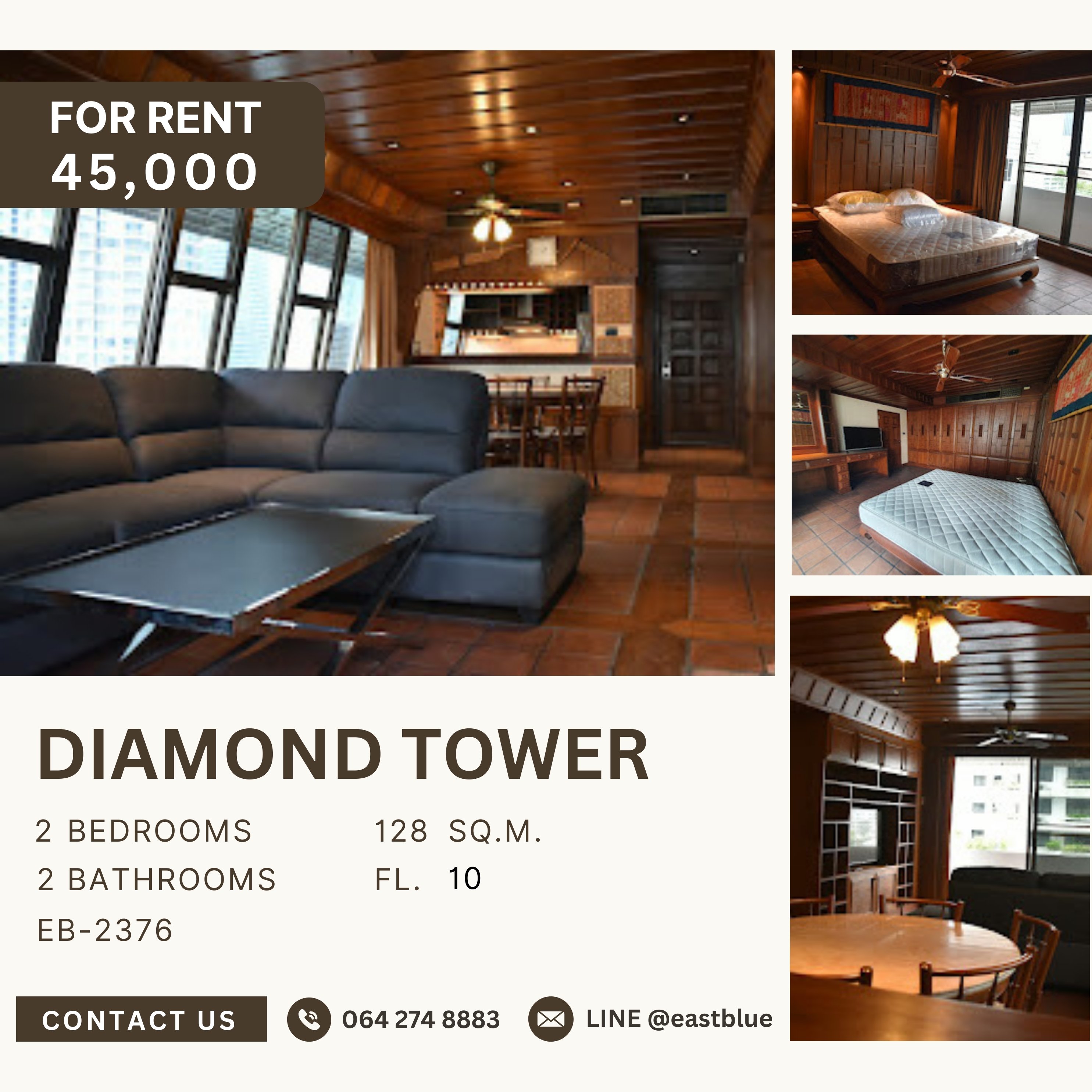 For RentCondoSilom, Saladaeng, Bangrak : Diamond Tower, 2 bed, 45000 per month