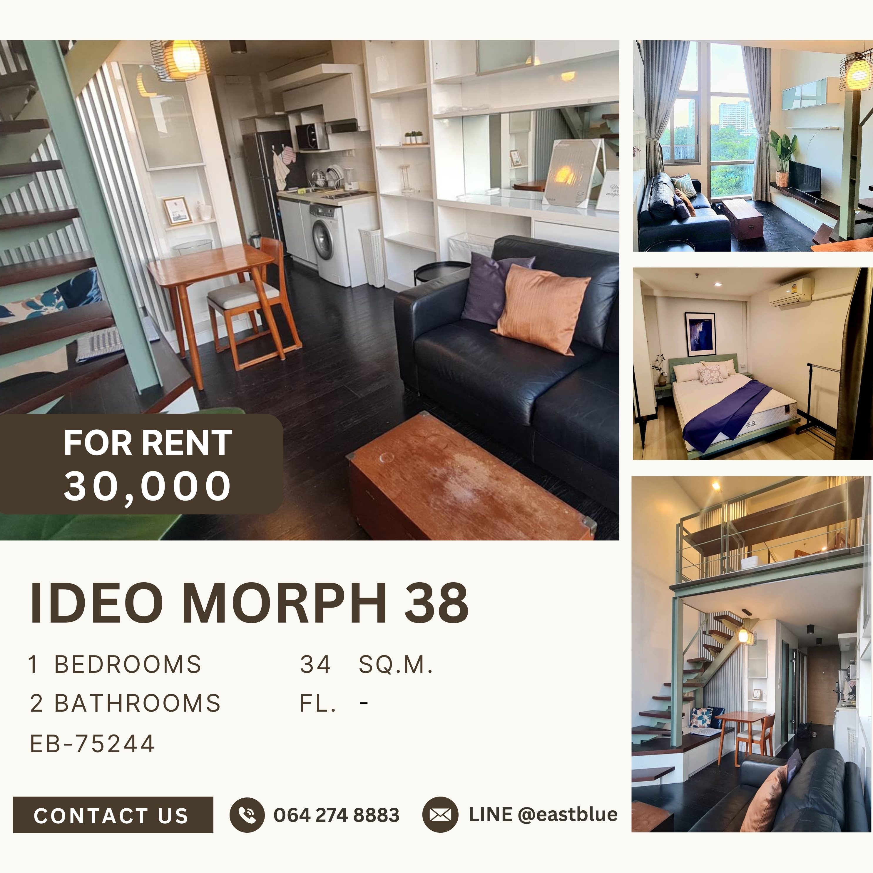 ให้เช่าคอนโดสุขุมวิท อโศก ทองหล่อ : Ideo Morph 38, 1 bed, 30000 per month