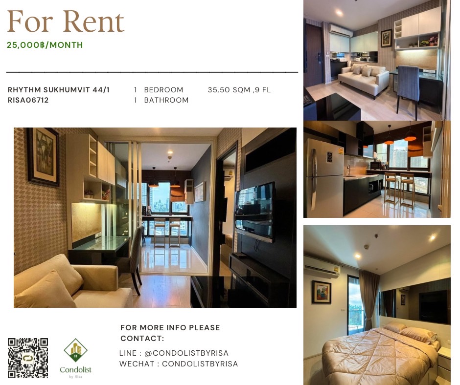 For RentCondoOnnut, Udomsuk : Risa06712 Condo for rent, Rhythm Sukhumvit 44/1, 35.50 sq m, 9th floor, north side, 25,000 baht