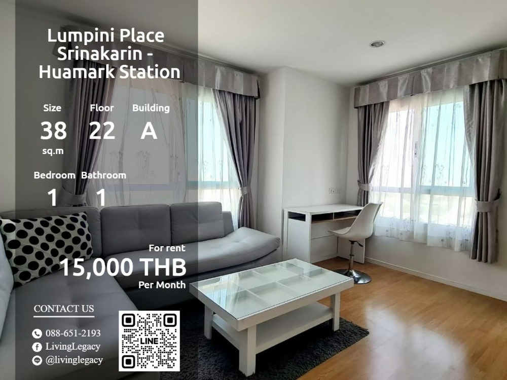 For RentCondoPattanakan, Srinakarin : LV68T4VI Condo For Rent Lumpini Place Srinakarin - Huamark Station 38 Sq.M. Floor 22 Building A line id : @livinglegacy tel : 088-651-2193