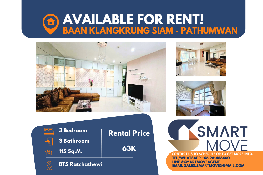 For RentCondoRatchathewi,Phayathai : 🔥FOR RENT !! 🔥Code C20230107176..........Baan Klang Krung Siam - Pathumwan, 3 bedrooms, 3 bathrooms, high floor 10+, furnished, ready to move in