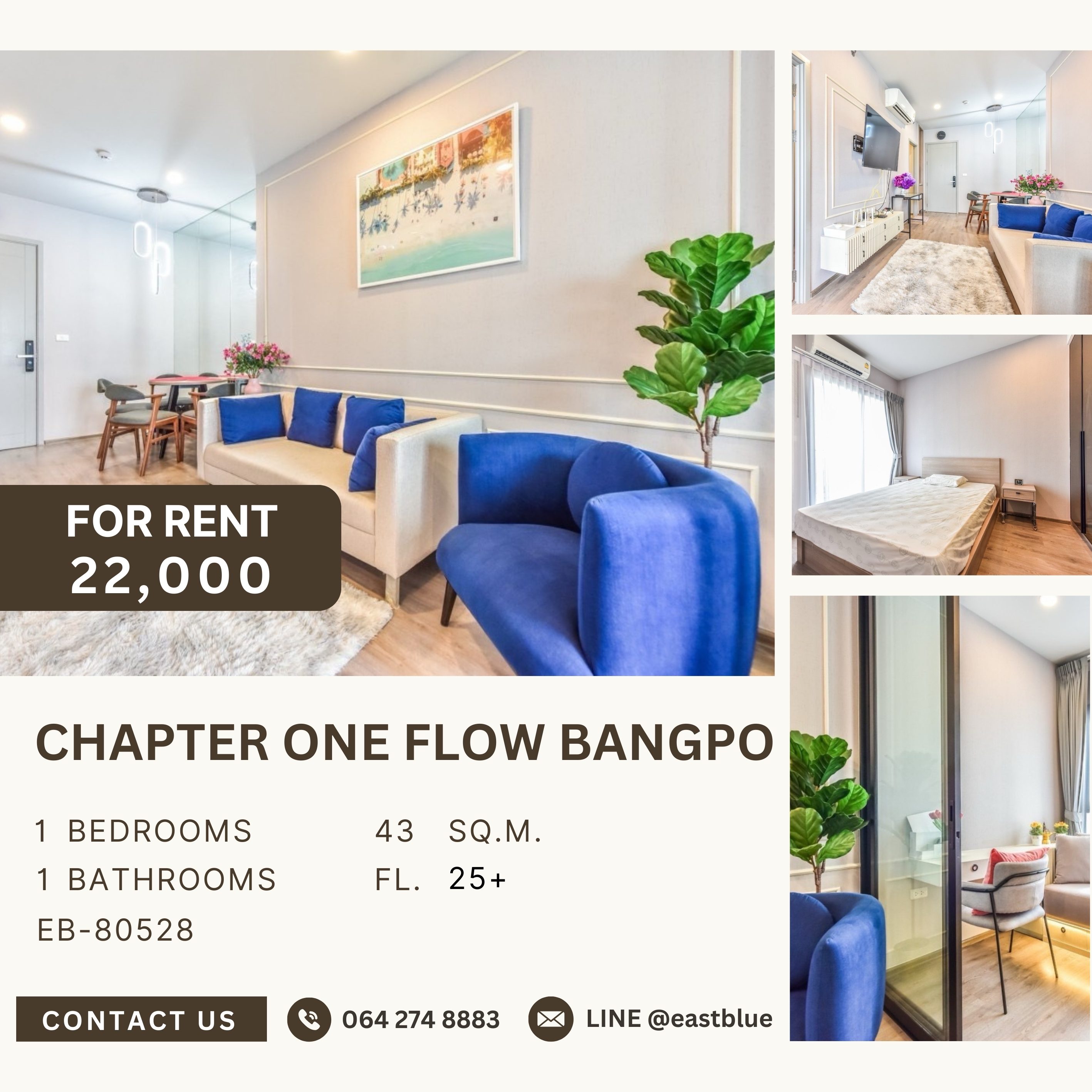 For RentCondoBang Sue, Wong Sawang, Tao Pun : Chapter One Flow Bangpo, 1 bed, 22000 per month