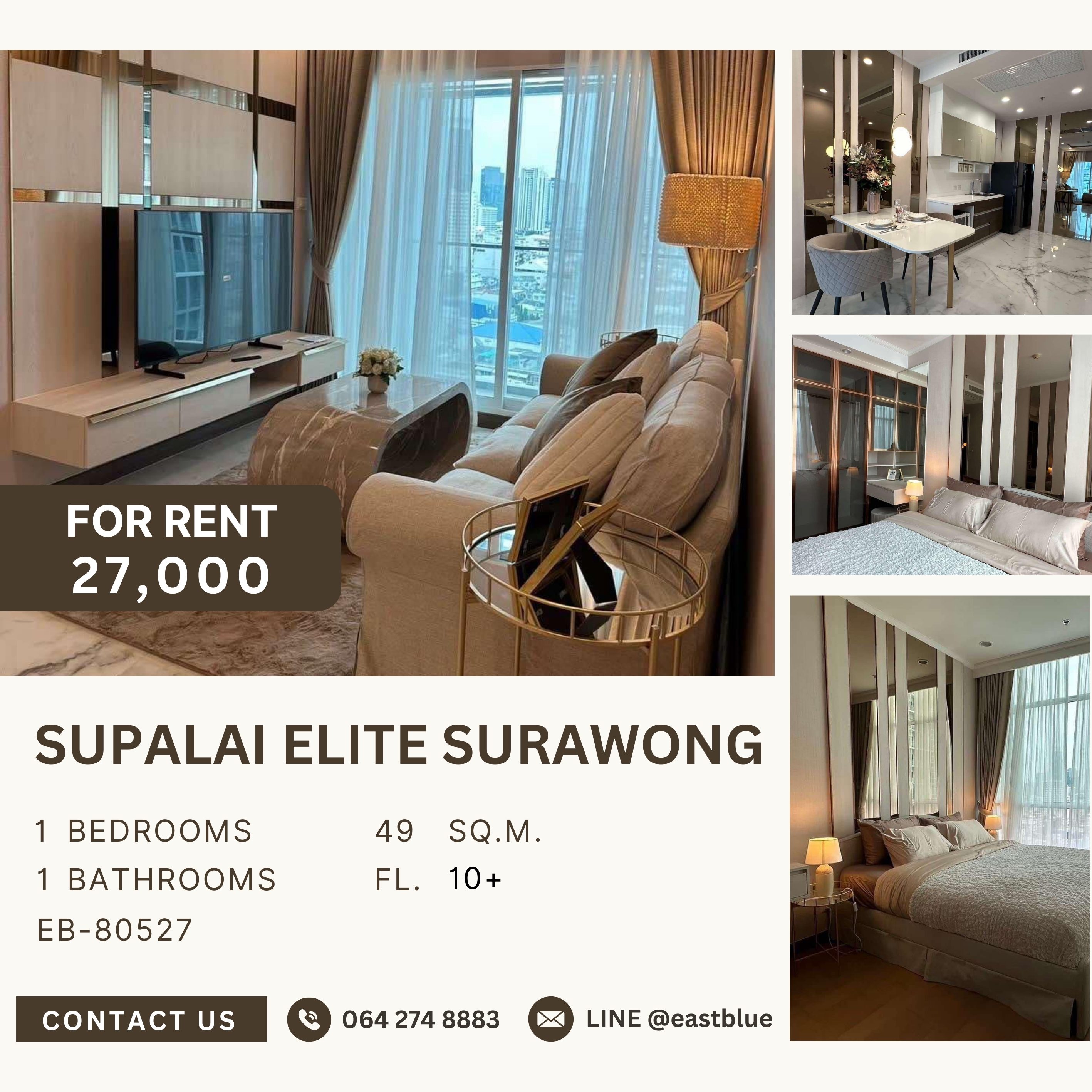 For RentCondoSilom, Saladaeng, Bangrak : Supalai Elite Surawong, 1 bed, 27000 per month