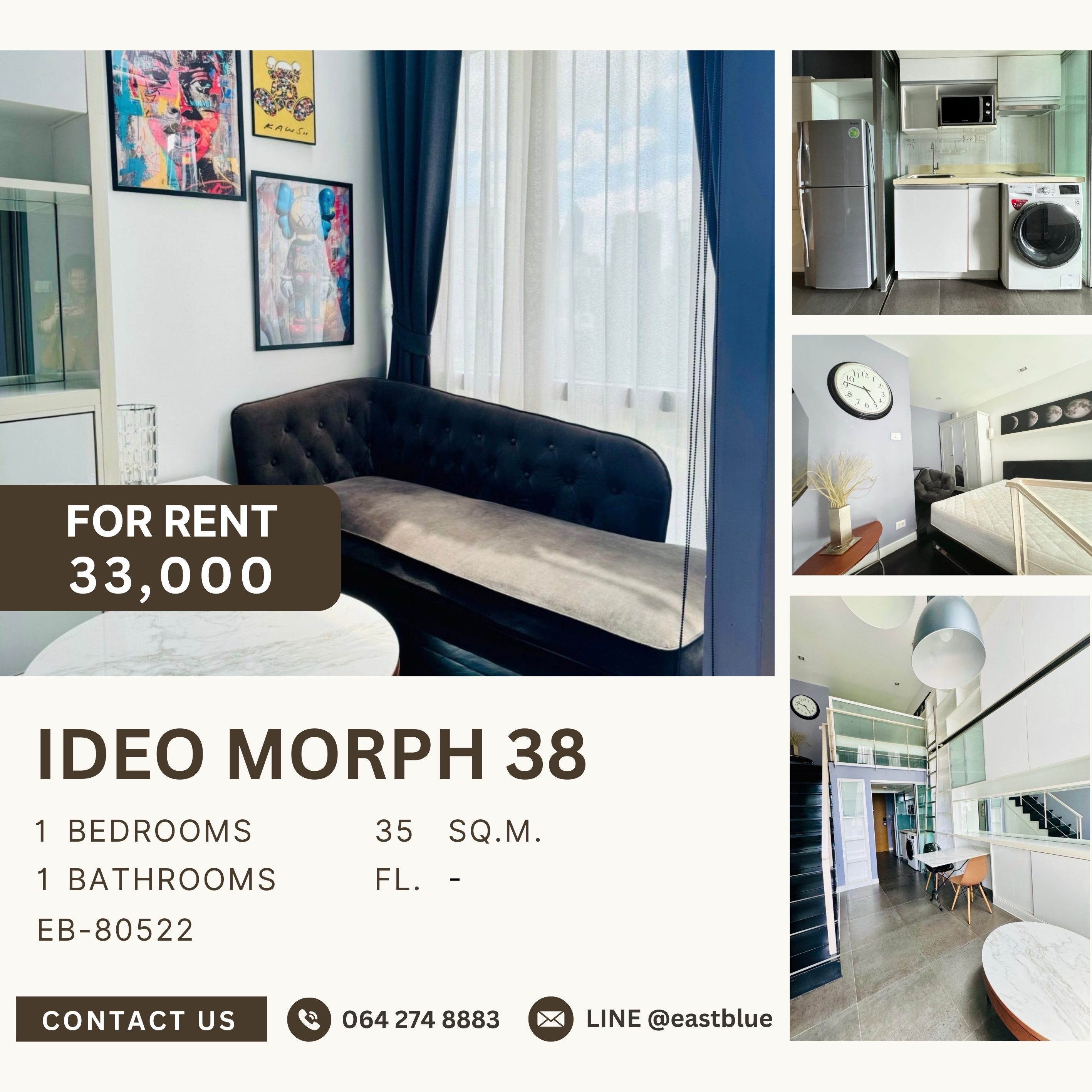 ให้เช่าคอนโดสุขุมวิท อโศก ทองหล่อ : Ideo Morph 38, 1 bed, 33000 per month