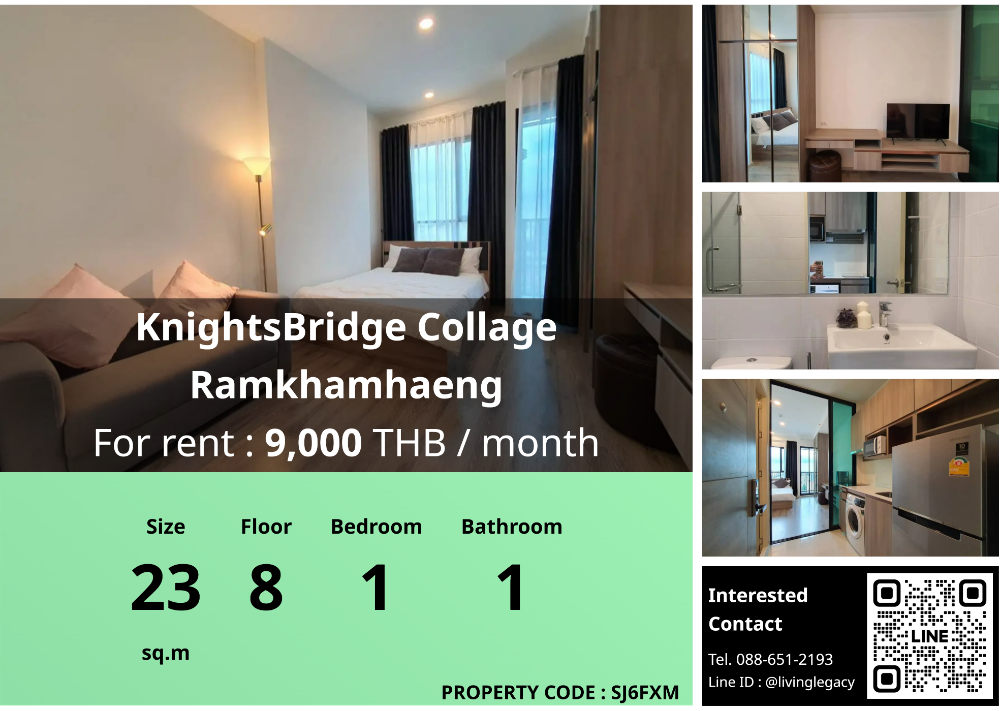 For RentCondoRamkhamhaeng, Hua Mak : SJ6FXM Condo for rent KnightsBridge Collage Ramkhamhaeng 23 sq m. 8th floor line id : @livinglegacy tel : 088-651-2193