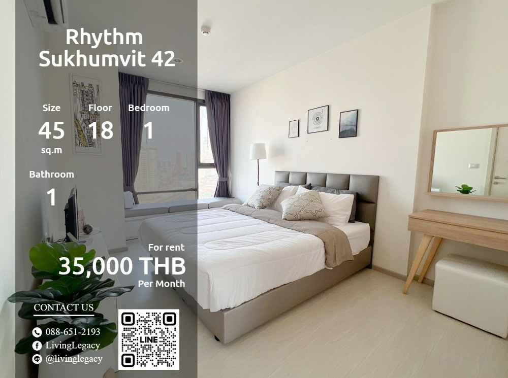 ให้เช่าคอนโดสุขุมวิท อโศก ทองหล่อ : SKU4E7 ให้เช่าคอนโด Rhythm Sukhumvit 42 45 ตร.ม. ชั้น 18 line id : @livinglegacy tel : 088-651-2193