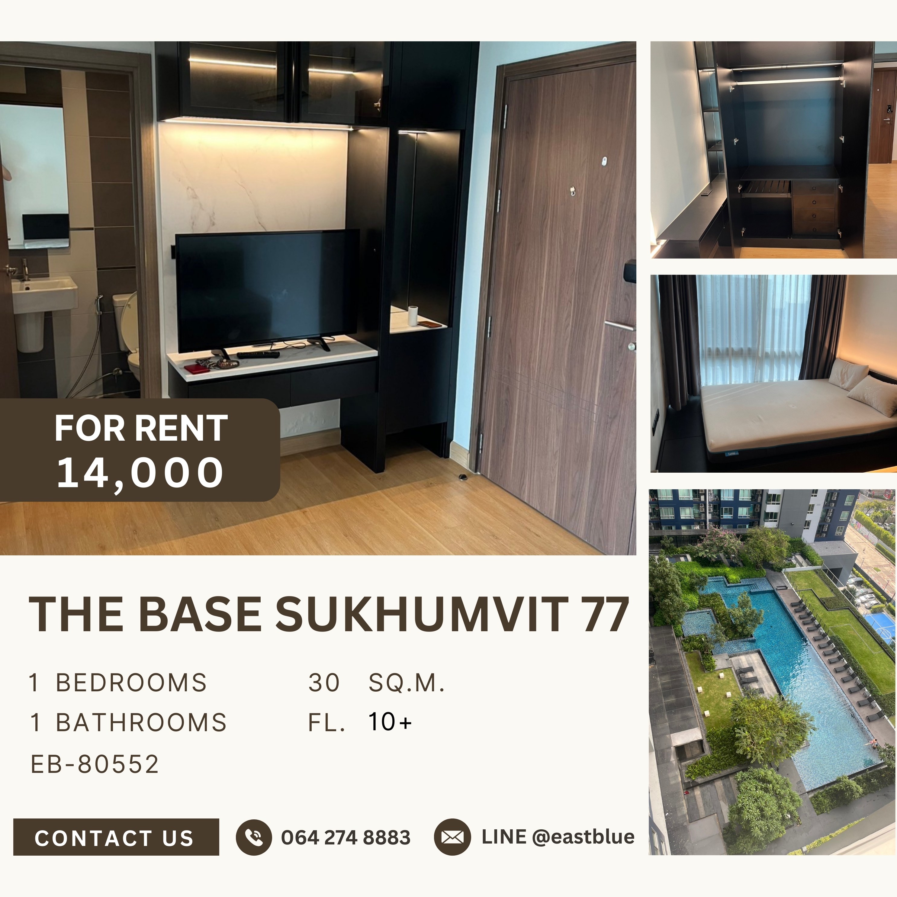 For RentCondoOnnut, Udomsuk : The Base Sukhumvit 77, 1 bed, 14000 per month