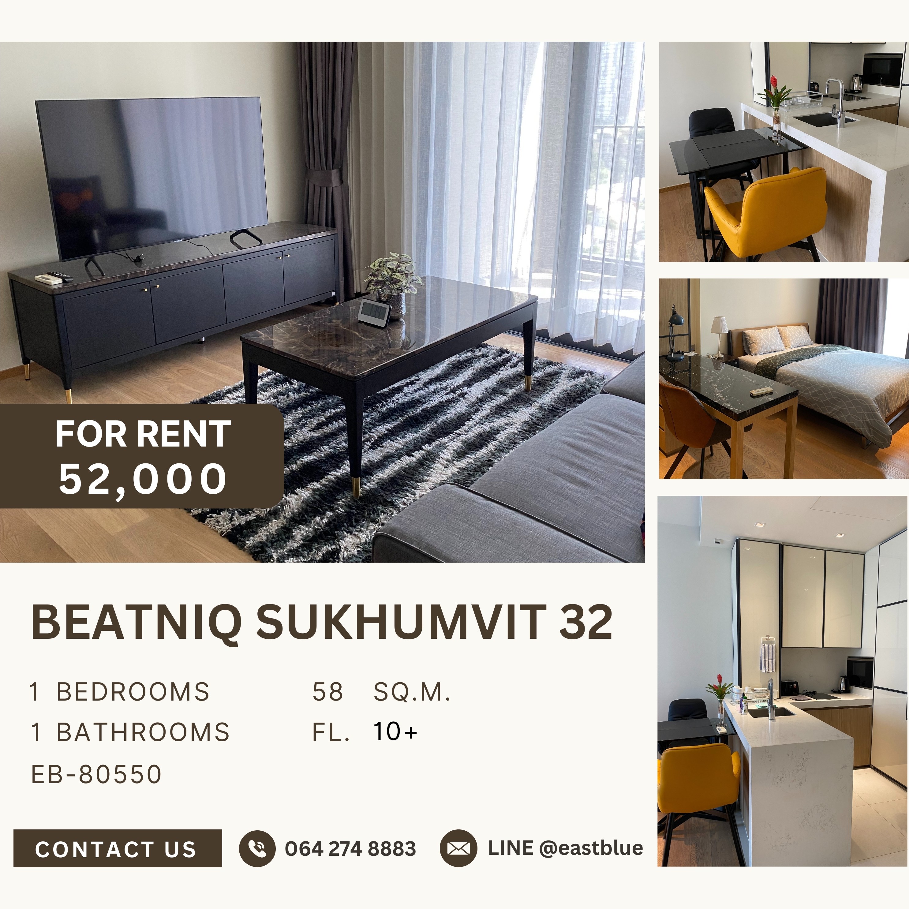 ให้เช่าคอนโดสุขุมวิท อโศก ทองหล่อ : Beatniq Sukhumvit 32, 1 bed, 52000 per month