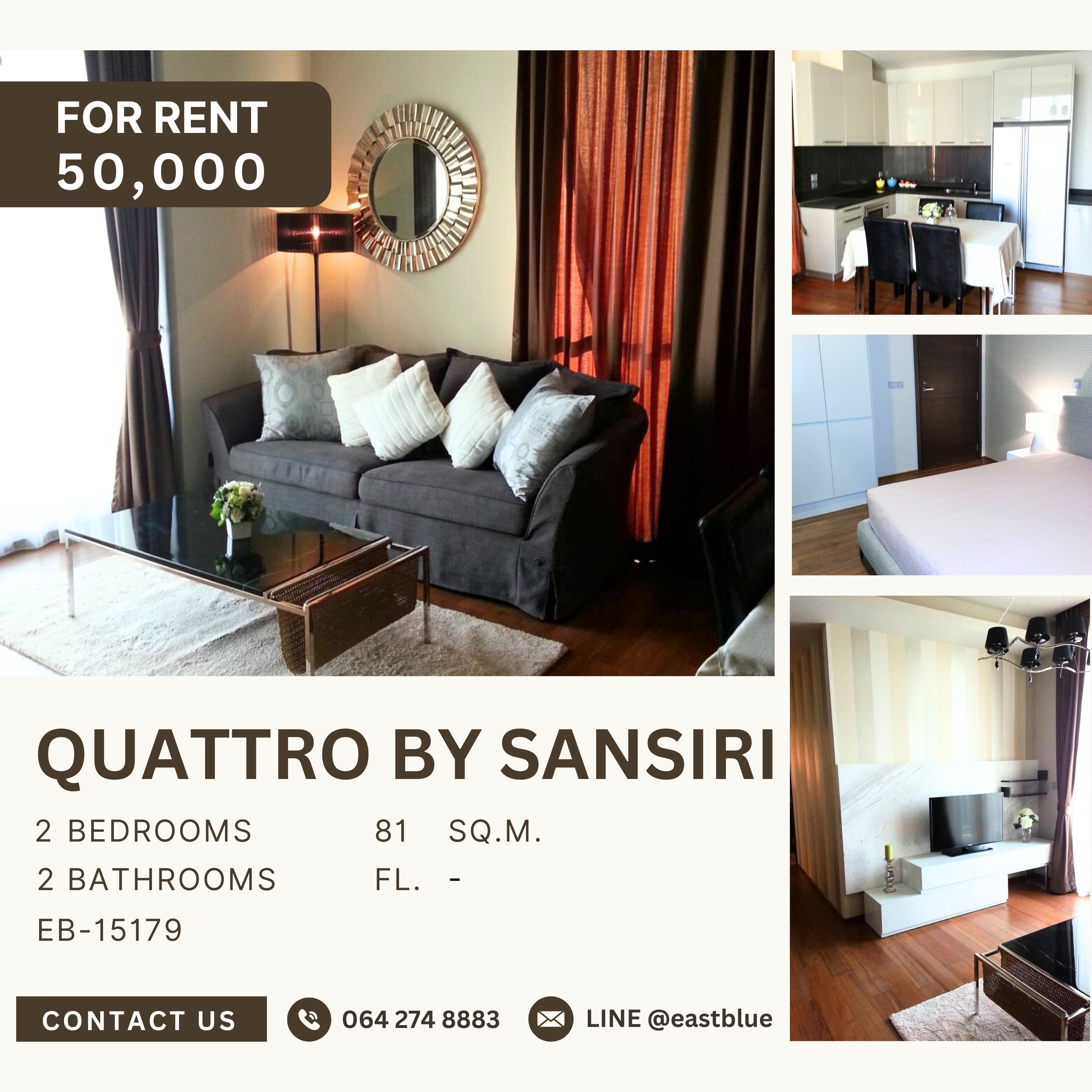 ให้เช่าคอนโดสุขุมวิท อโศก ทองหล่อ : Quattro by Sansiri, 2 bed, 50000 per month