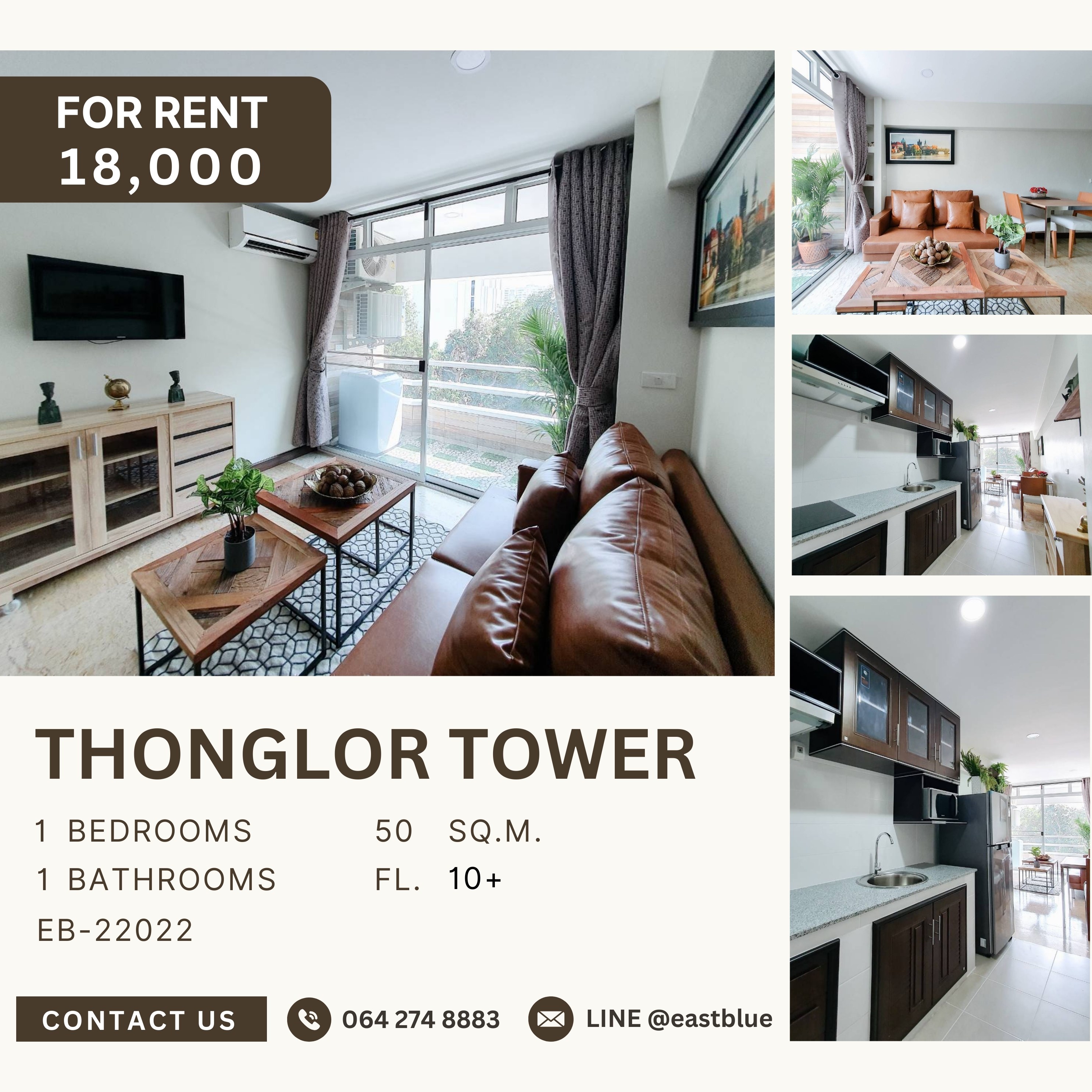 ให้เช่าคอนโดสุขุมวิท อโศก ทองหล่อ : Thonglor Tower, 1 bed, 18000 per month