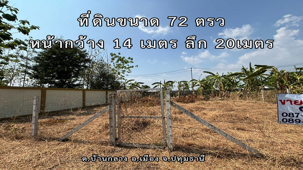 ขายที่ดินปทุมธานี รังสิต ธรรมศาสตร์ : ขายที่ดินปทุมธานี 72 ตรว.ซอยวัดศาลเจ้า เหมาะปลูกบ้าน