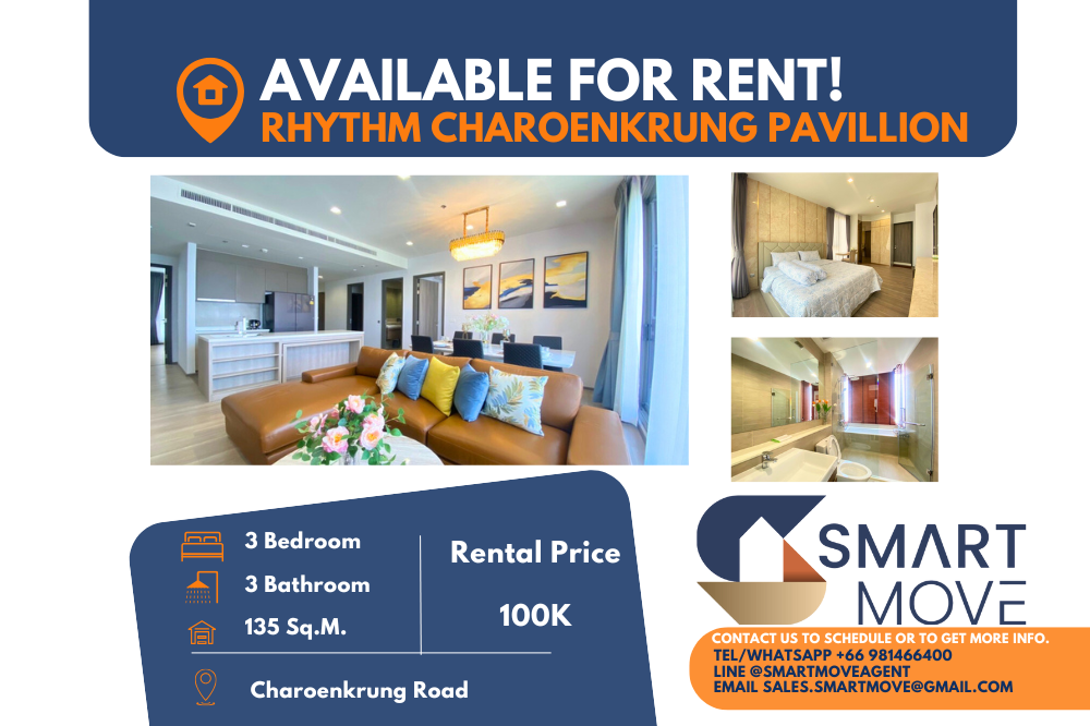 For RentCondoSathorn, Narathiwat : 🔥 FOR RENT !! 🔥Code C20240100559..........Rhythm Charoenkrung Pavillion, 3 bedrooms, 3 bathrooms, high floor 34+, furnished, ready to move in📣📣