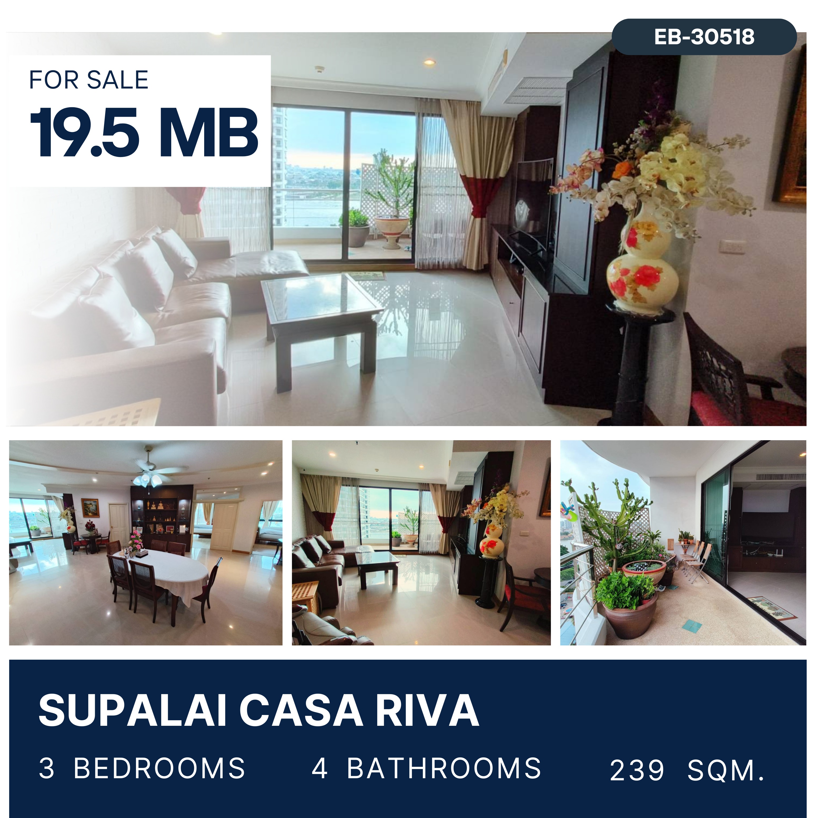 For SaleCondoRama3 (Riverside),Satupadit : ขาย Supalai Casa Riva Rare Item 3 Bed พระราม 3 วิวแม่น้ำเจ้าพระยา ห้องใหญ่ หายาก 19.5 ลบ.