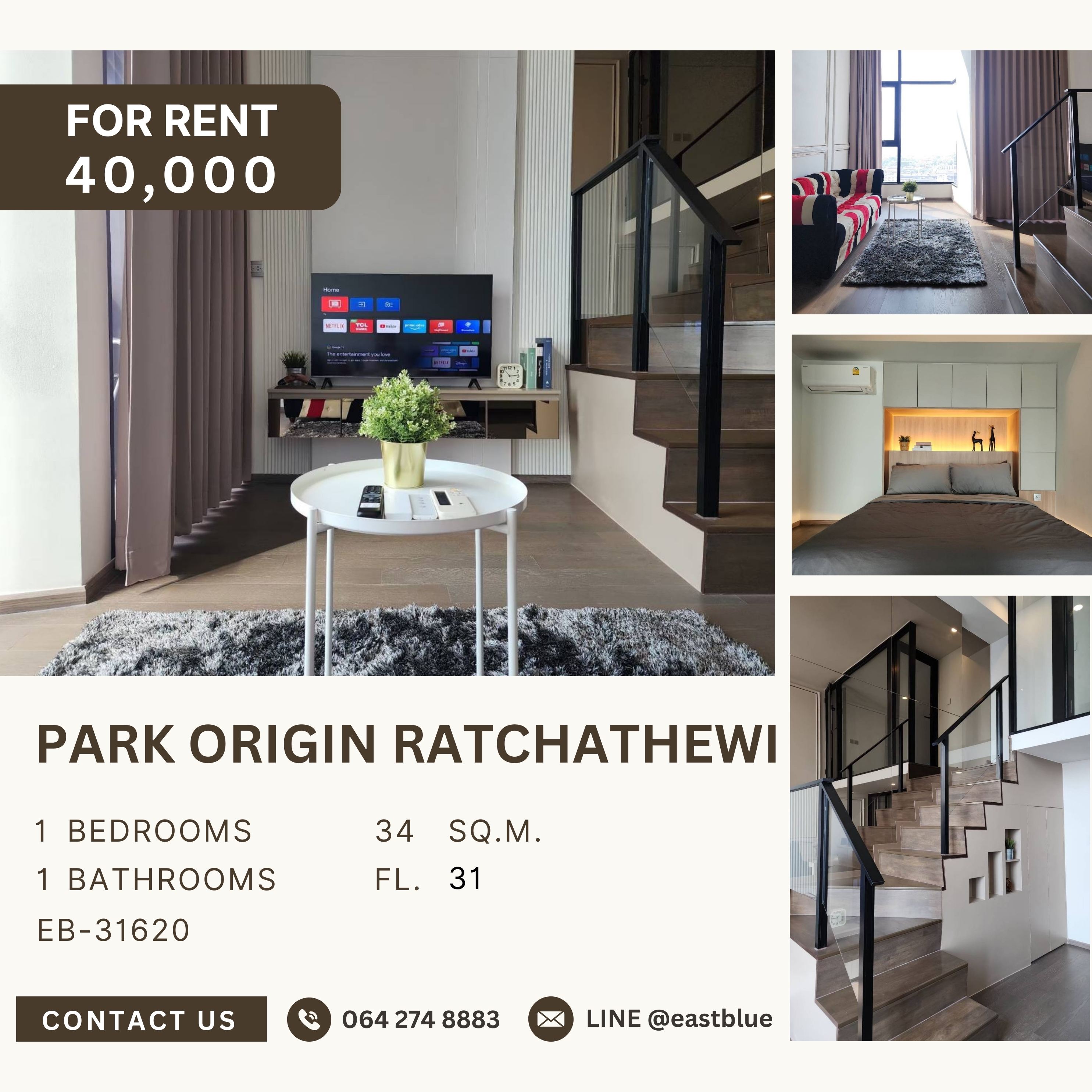 For RentCondo : Park Origin Ratchathewi, 1 bed, 40000 per month