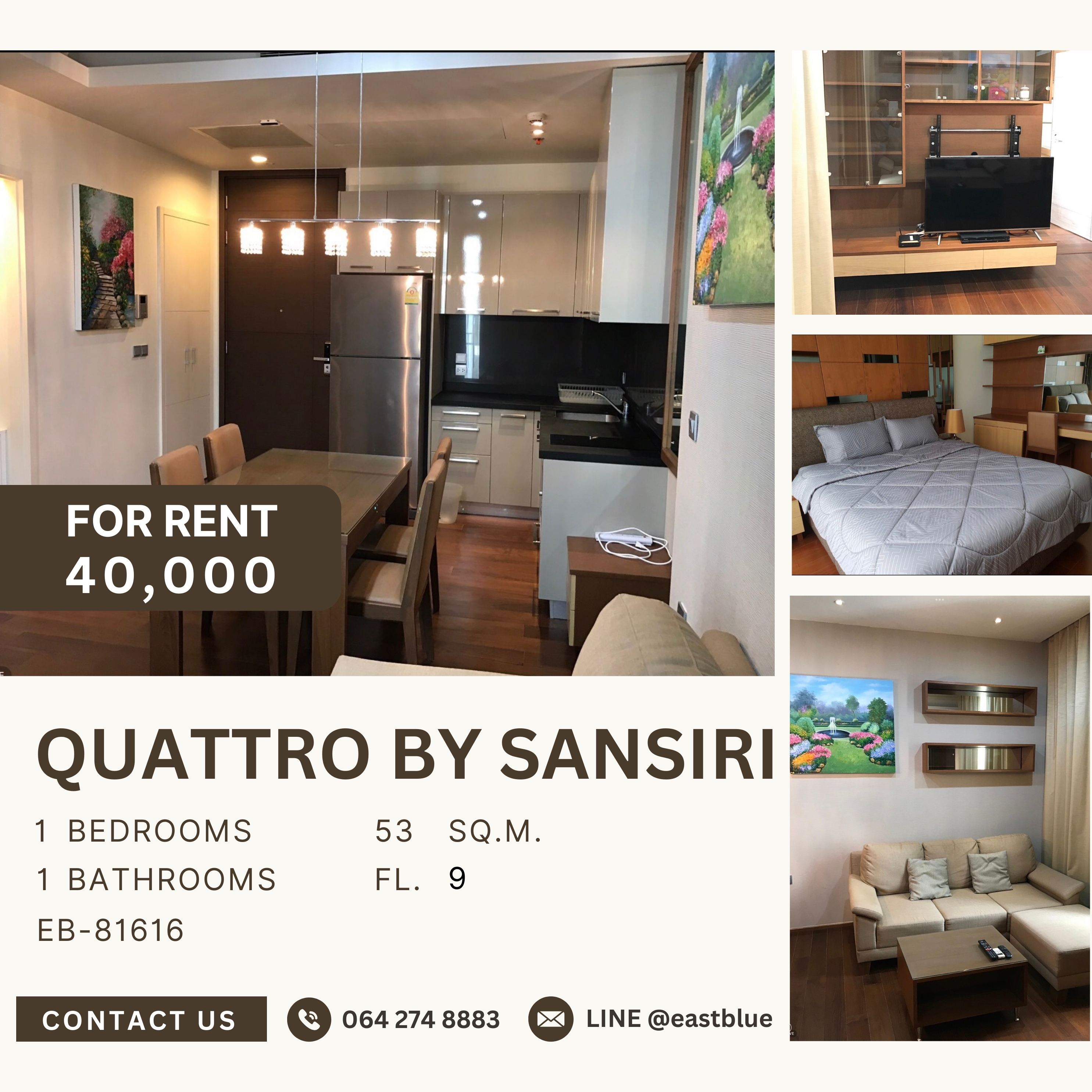 ให้เช่าคอนโดสุขุมวิท อโศก ทองหล่อ : Quattro by Sansiri, 1 bed, 40000 per month