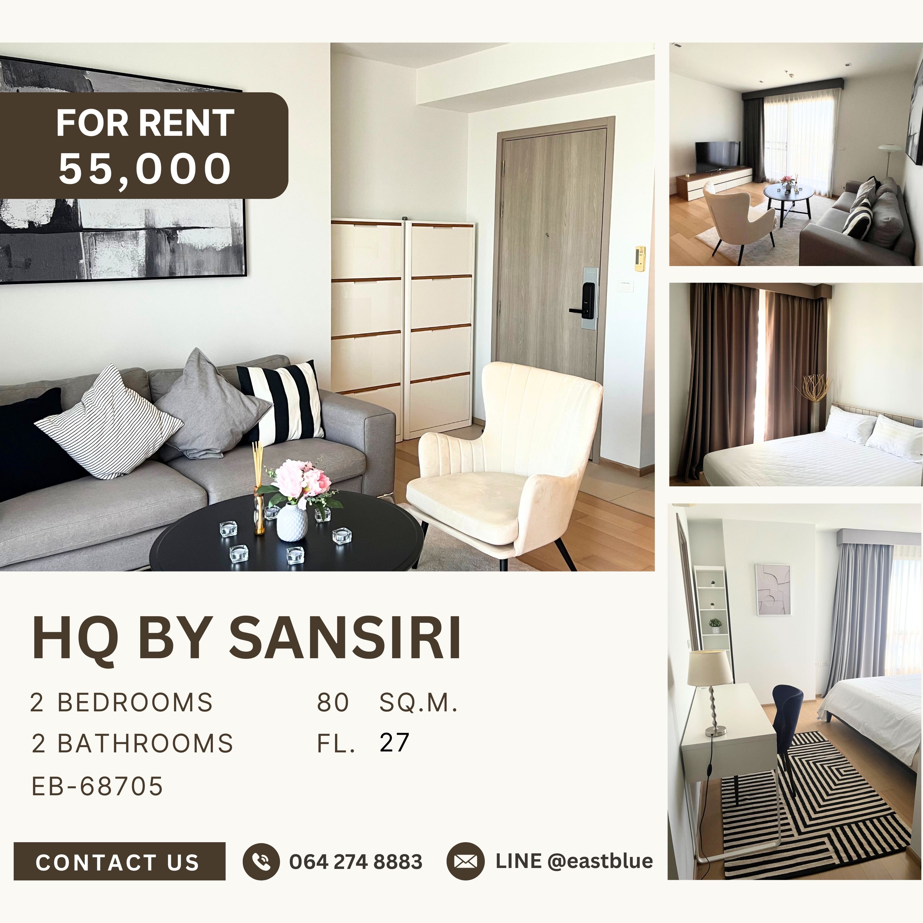 ให้เช่าคอนโดสุขุมวิท อโศก ทองหล่อ : HQ By Sansiri, 2 bed, 55000 per month