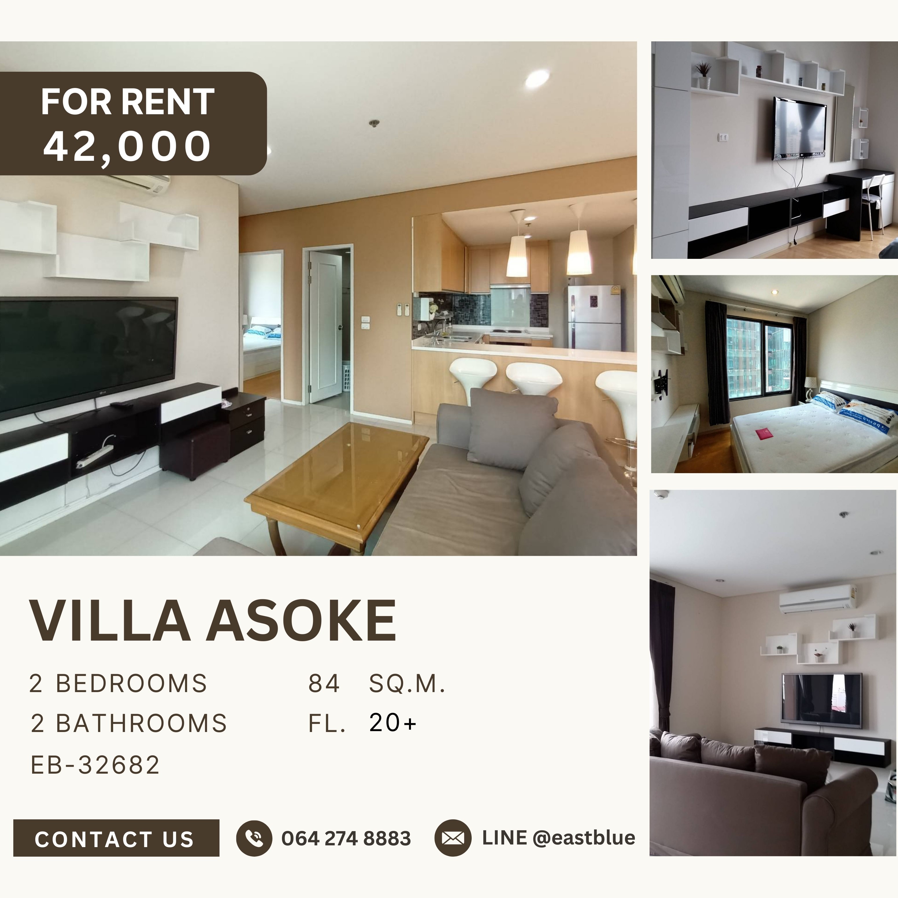 ให้เช่าคอนโดพระราม 9 เพชรบุรีตัดใหม่ RCA : Villa Asoke, 2 bed, 42000 per month