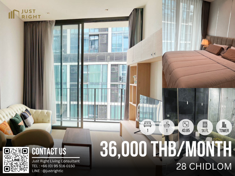 For RentCondoWitthayu, Chidlom, Langsuan, Ploenchit : For Rent 28 Chidlom 1 Bed 1 Bath 43.85 Sqm. Floor x Fully Furnished 36,000 Baht/month Only 1 Year Contract