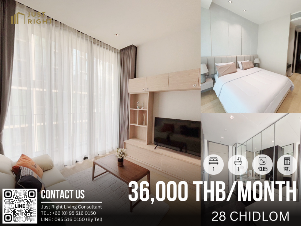 For RentCondoWitthayu, Chidlom, Langsuan, Ploenchit : For Rent 28 Chidlom 1 Bed 1 Bath 43.85 Sqm. Floor x Fully Furnished 36,000 Baht/month Only 1 Year Contract