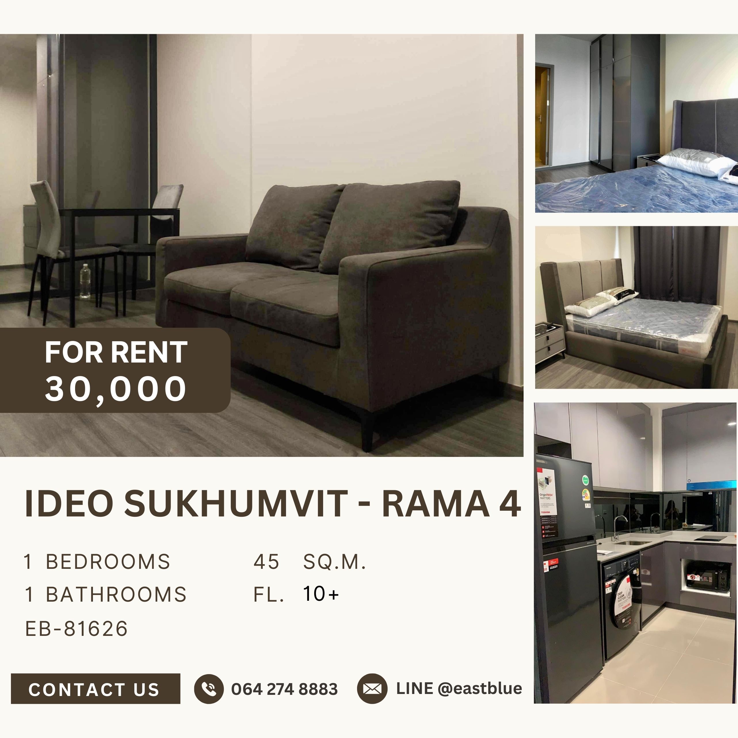 ให้เช่าคอนโดอ่อนนุช อุดมสุข : Ideo Sukhumvit - Rama 4, 1 bed, 30000 per month