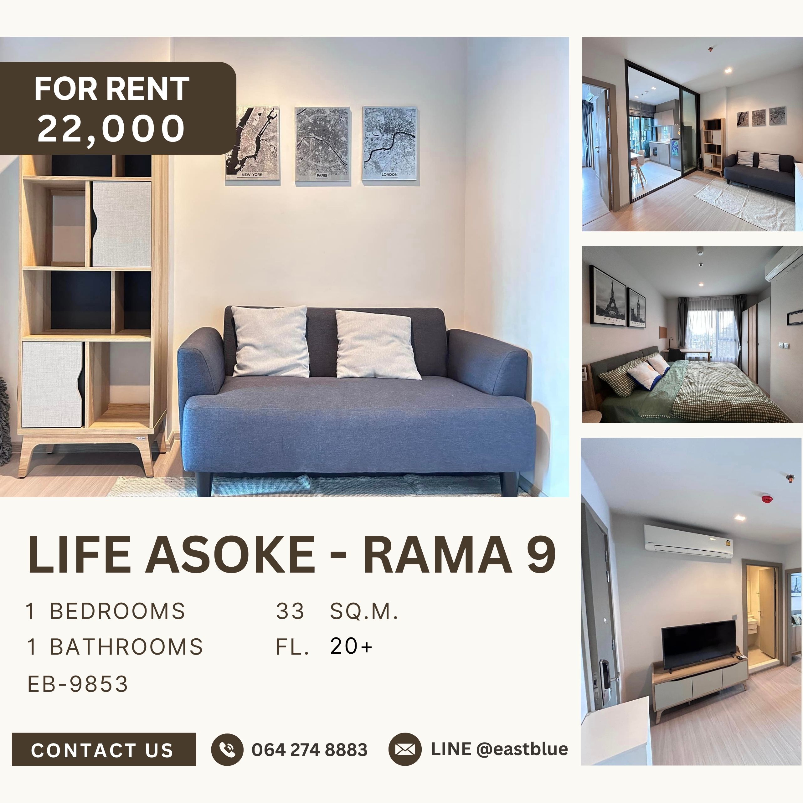 For RentCondoRama9, Petchburi, RCA : Life Asoke - Rama 9, 1 bed, 22000 per month