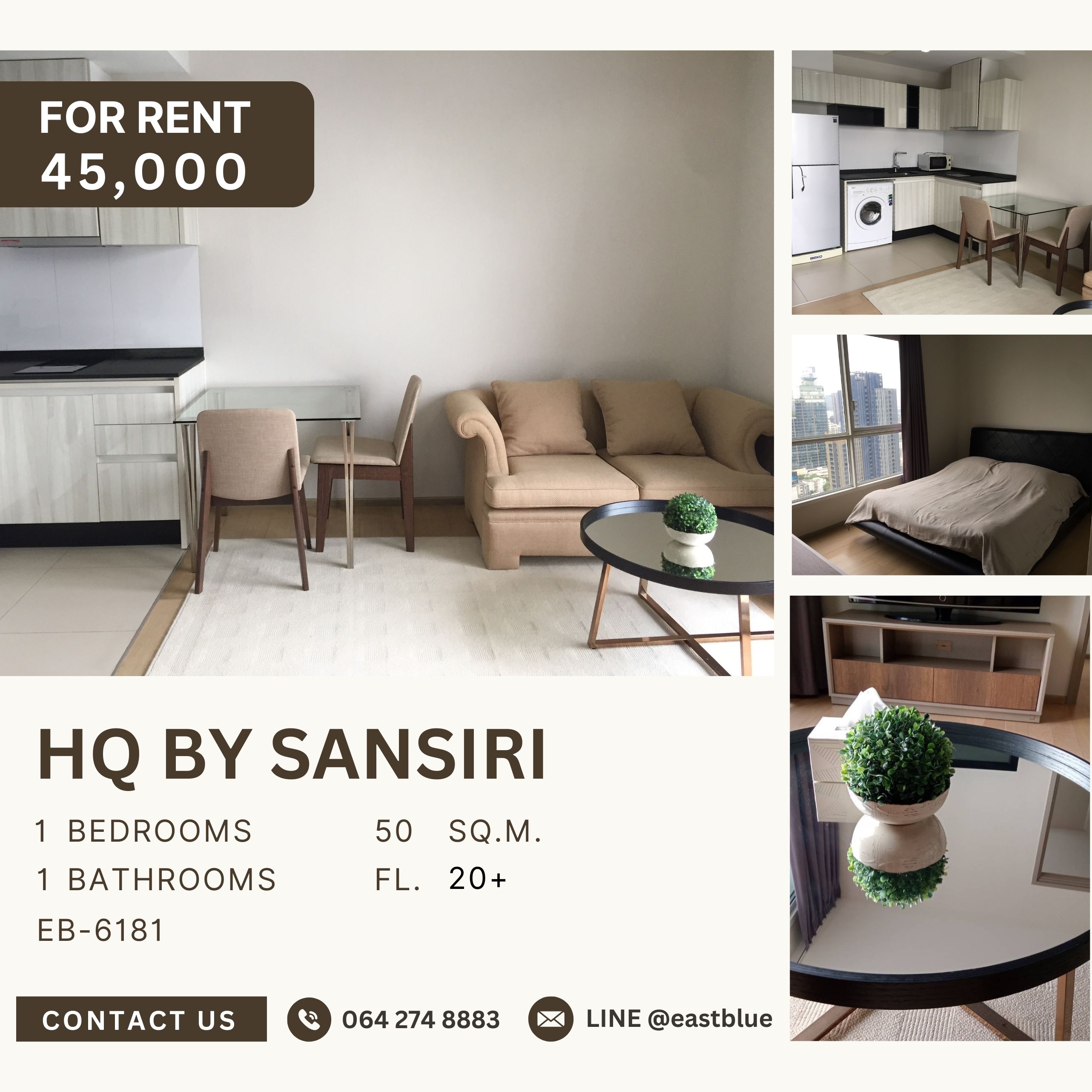 ให้เช่าคอนโดสุขุมวิท อโศก ทองหล่อ : HQ By Sansiri, 1 bed, 45000 per month