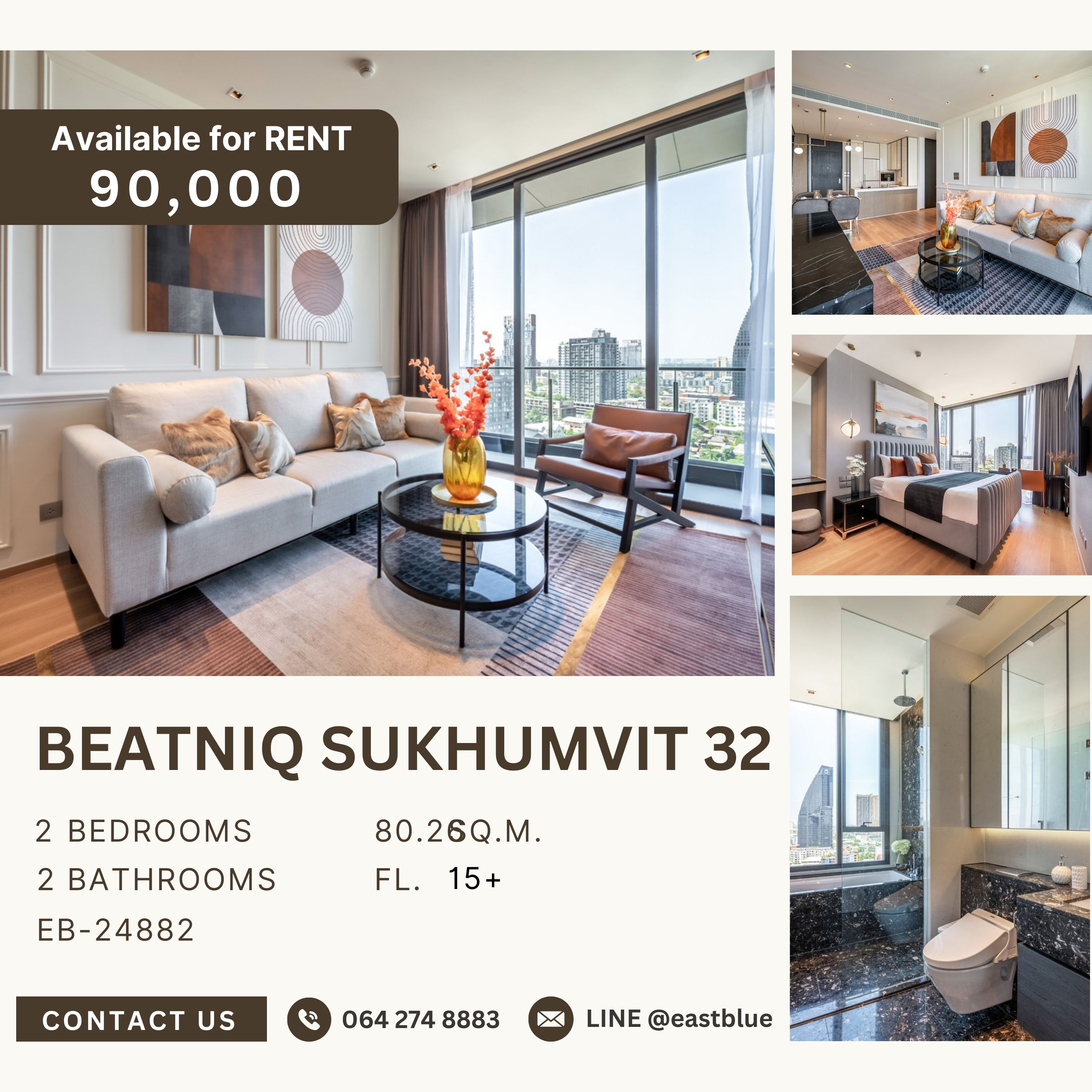 ให้เช่าคอนโดสุขุมวิท อโศก ทองหล่อ : Beatniq Sukhumvit 32, 2 bed, 90000 per month