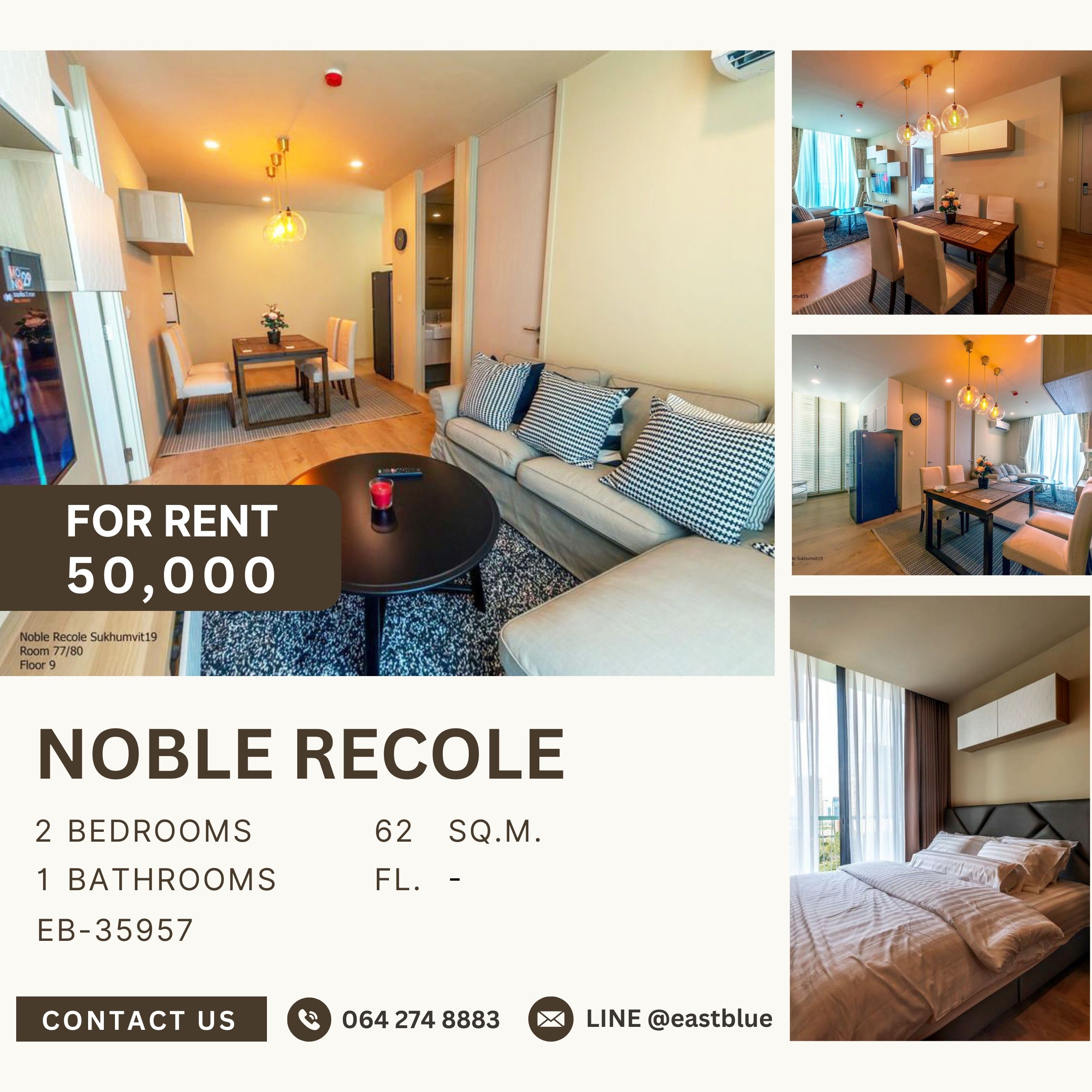 ให้เช่าคอนโดสุขุมวิท อโศก ทองหล่อ : Noble Recole, 2 bed, 50000 per month