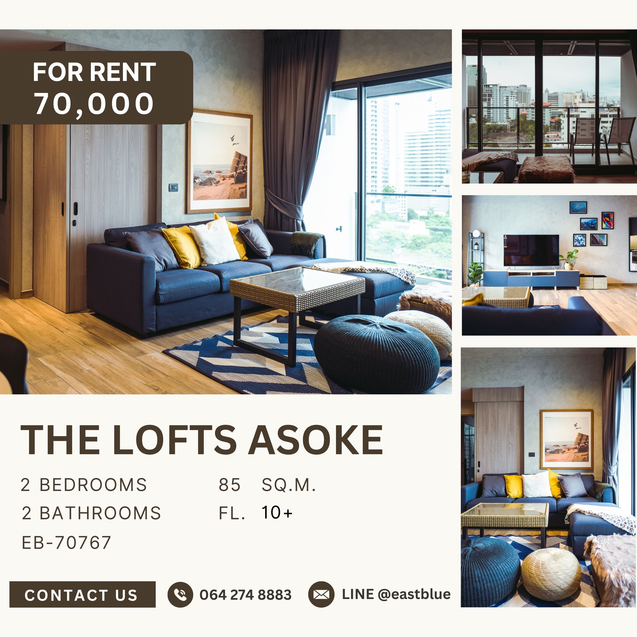 ให้เช่าคอนโดสุขุมวิท อโศก ทองหล่อ : The Lofts Asoke, 2 bed, 70000 per month